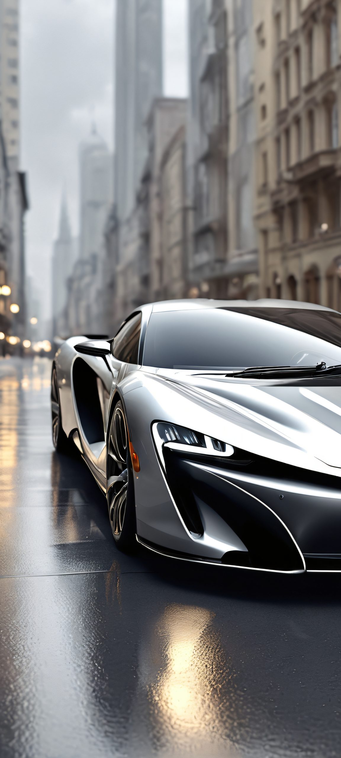 A stunning vertical cityscape on an overcast day, featuring a sleek silver car parked on a gray asphalt road, perfect for your iPhone/Android home screen.