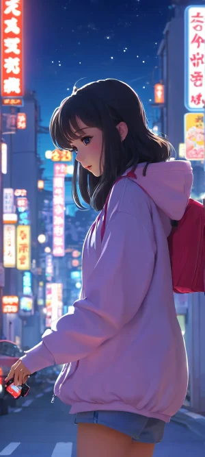 A serene city street at night with a cute girl standing under the foggy lights - perfect for iPhone/Android wallpapers.