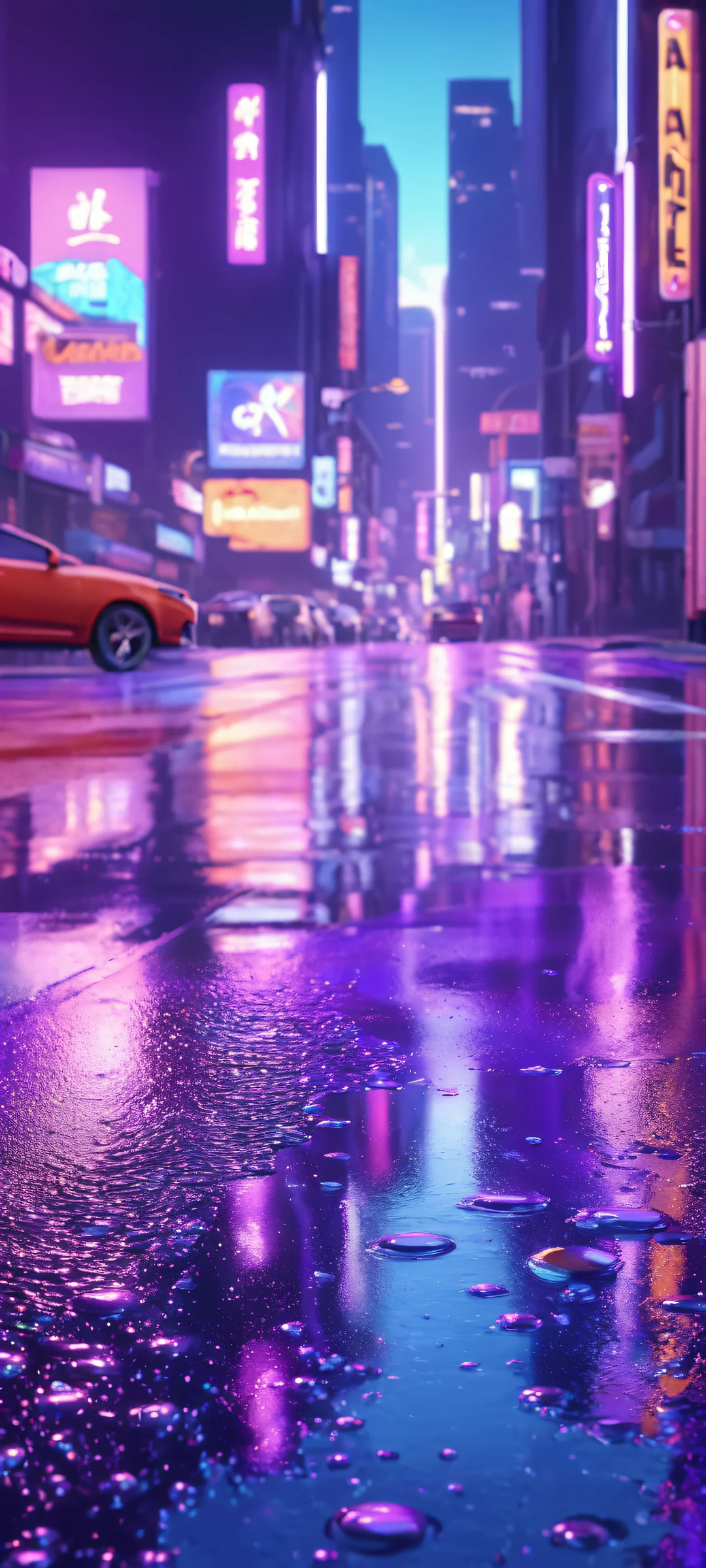 CityGlow Nights QHD Smartphone Background Illuminated cityscape at night with neon signs and wet asphalt - perfect for iPhone/Android home screens.