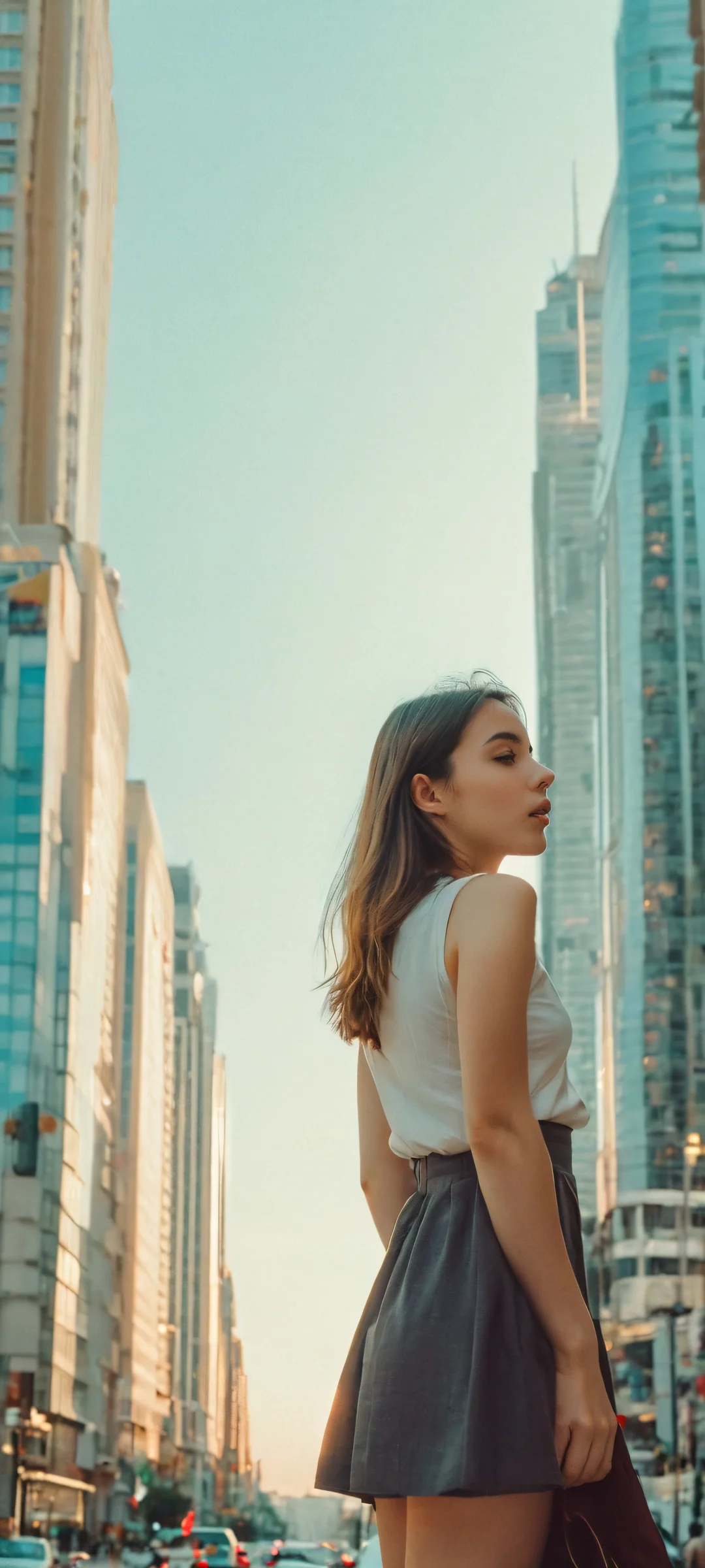 A stunning cityscape at dusk, featuring a young woman surrounded by towering skyscrapers and bustling streets. Perfect for iPhone or Android home screens.