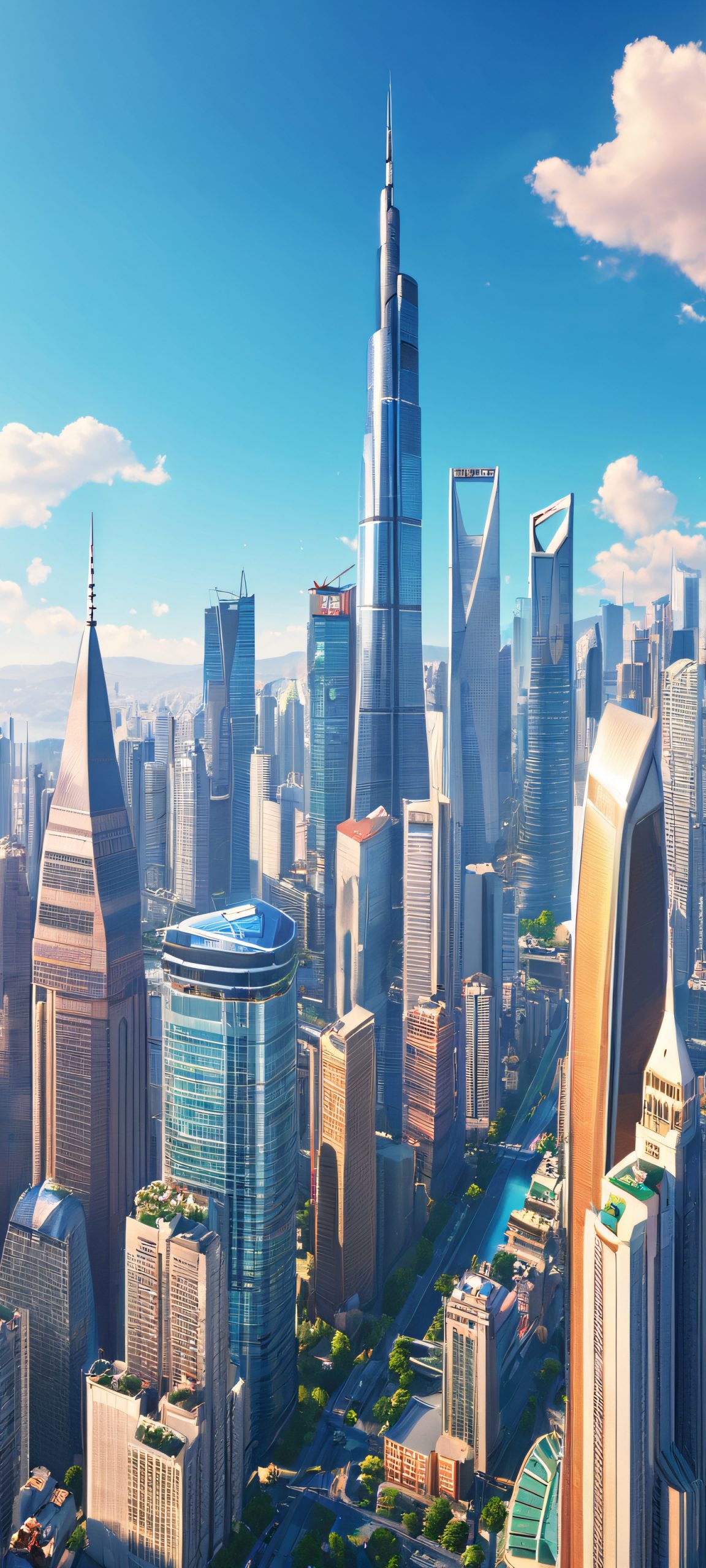 Cityscape skyline on a soft daylight background, perfect for iPhone and Android home screens.