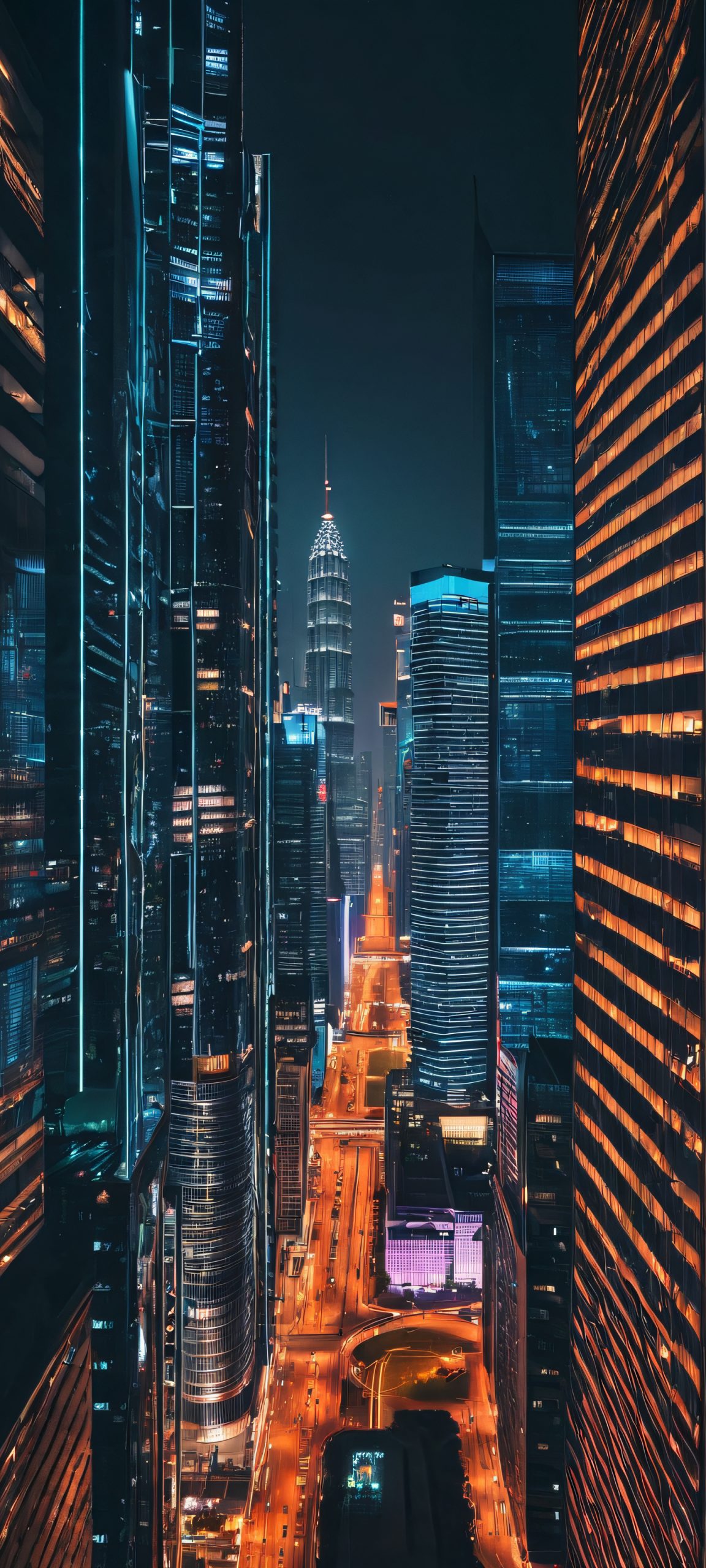 A dramatic nighttime cityscape featuring towering skyscrapers, perfectly optimized for iPhone and Android home screens.