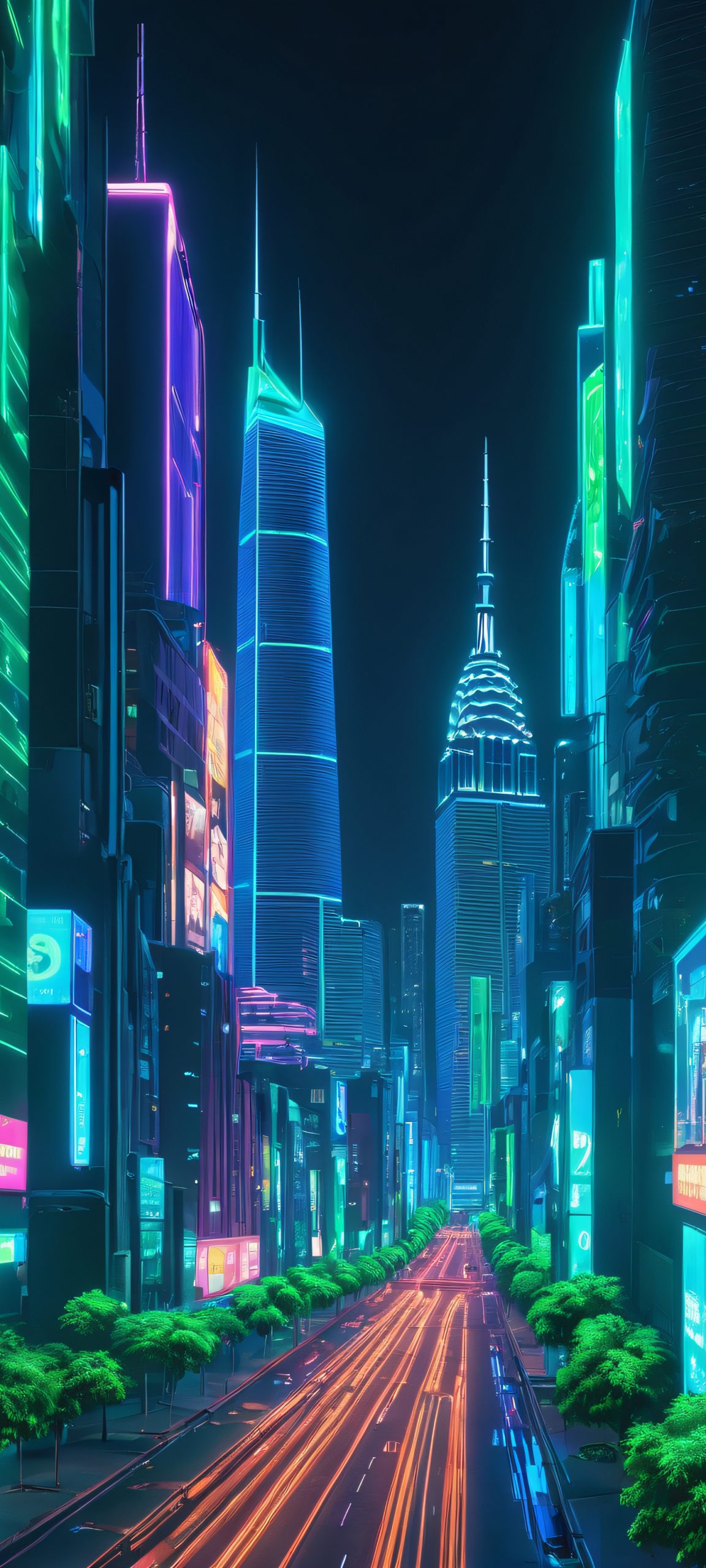 Beautiful nighttime cityscape for iPhone and Android devices, featuring vibrant blues, greens, and neon lights.