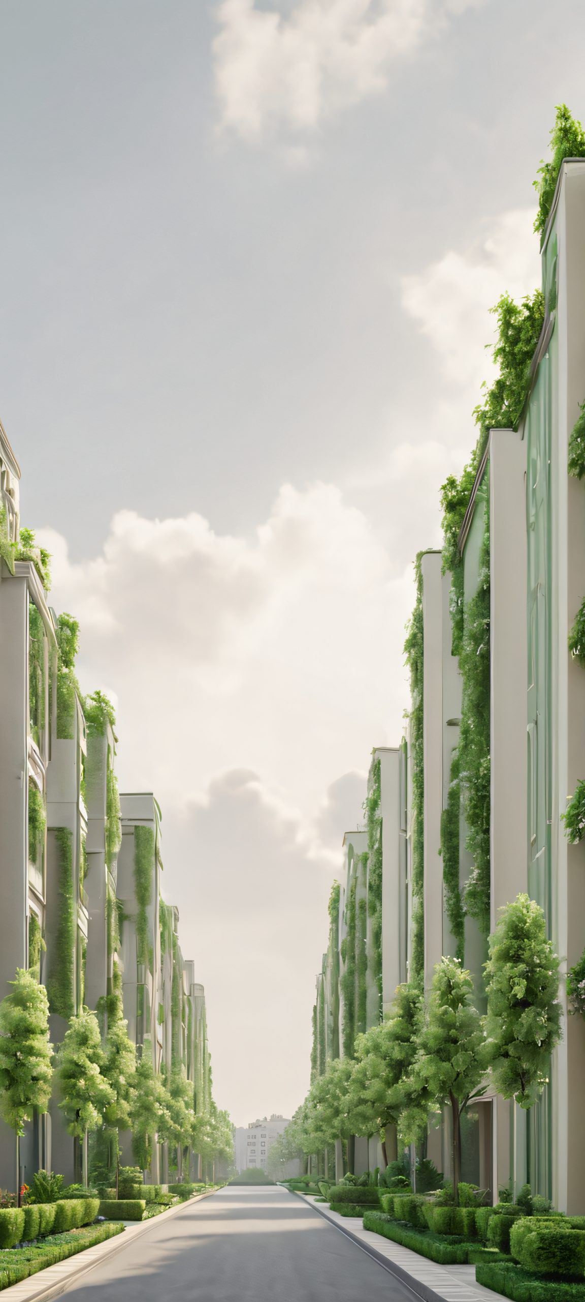 Cityscape Serenity 2K Phone Wallpaper Discover a stunning residential district scene on your iPhone/Android, featuring soft overcast lighting and a perfect blend of beige, grey, and green hues.