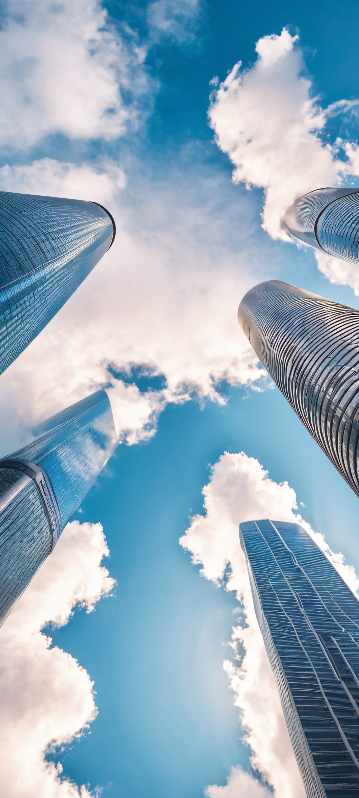 iPhone/Android vertical wallpaper featuring stunning skyscrapers and fluffy clouds. Perfect for your mobile home screen.