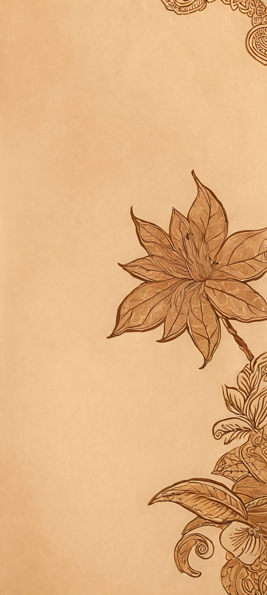 Intricately illustrated CK-MGS artwork on rice paper with sepia tones and henna details, perfekt für iPhone/Android-Startbildschirme.