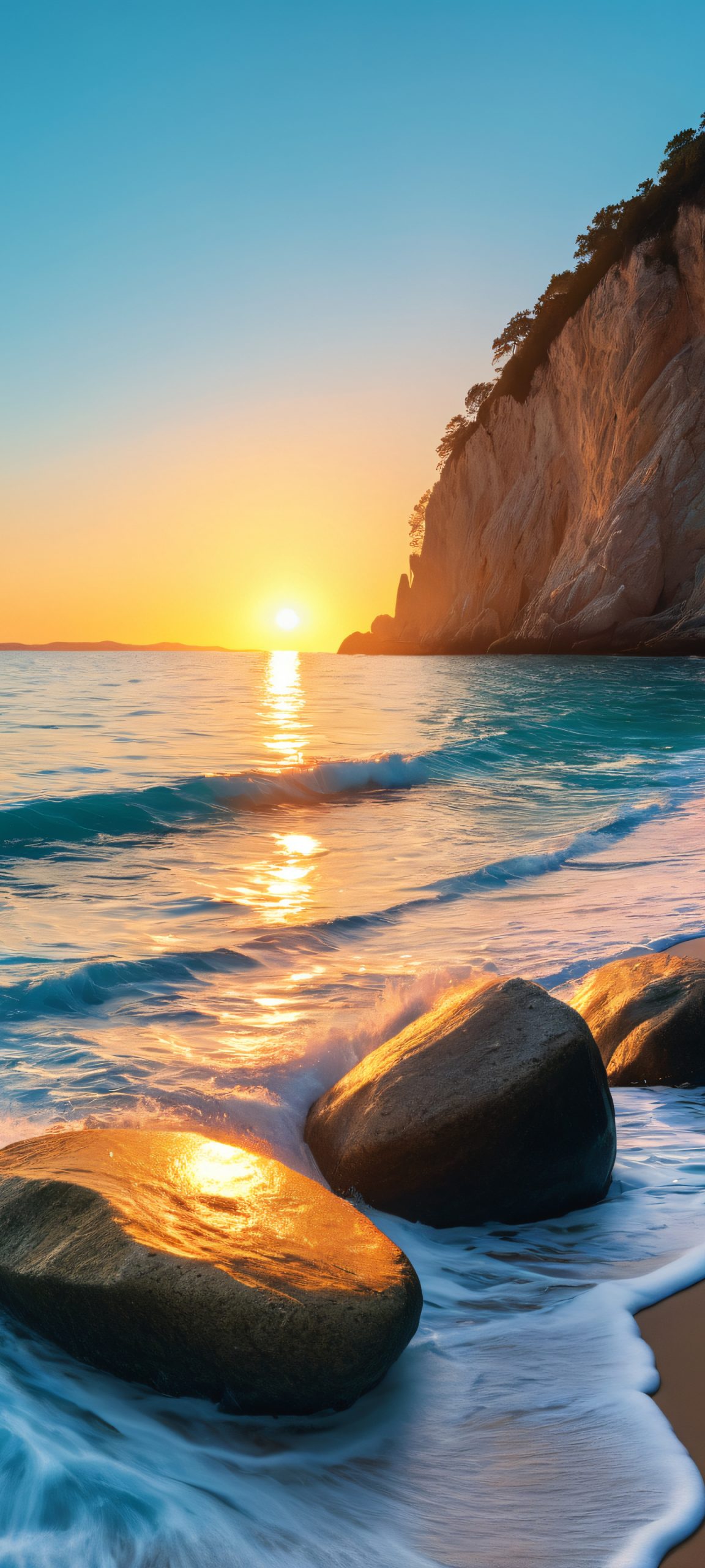A serene golden hour beach landscape for iPhone and Android wallpapers, featuring azure waters, sandy shores, and rocky outcroppings, perfectly optimized for your mobile device.