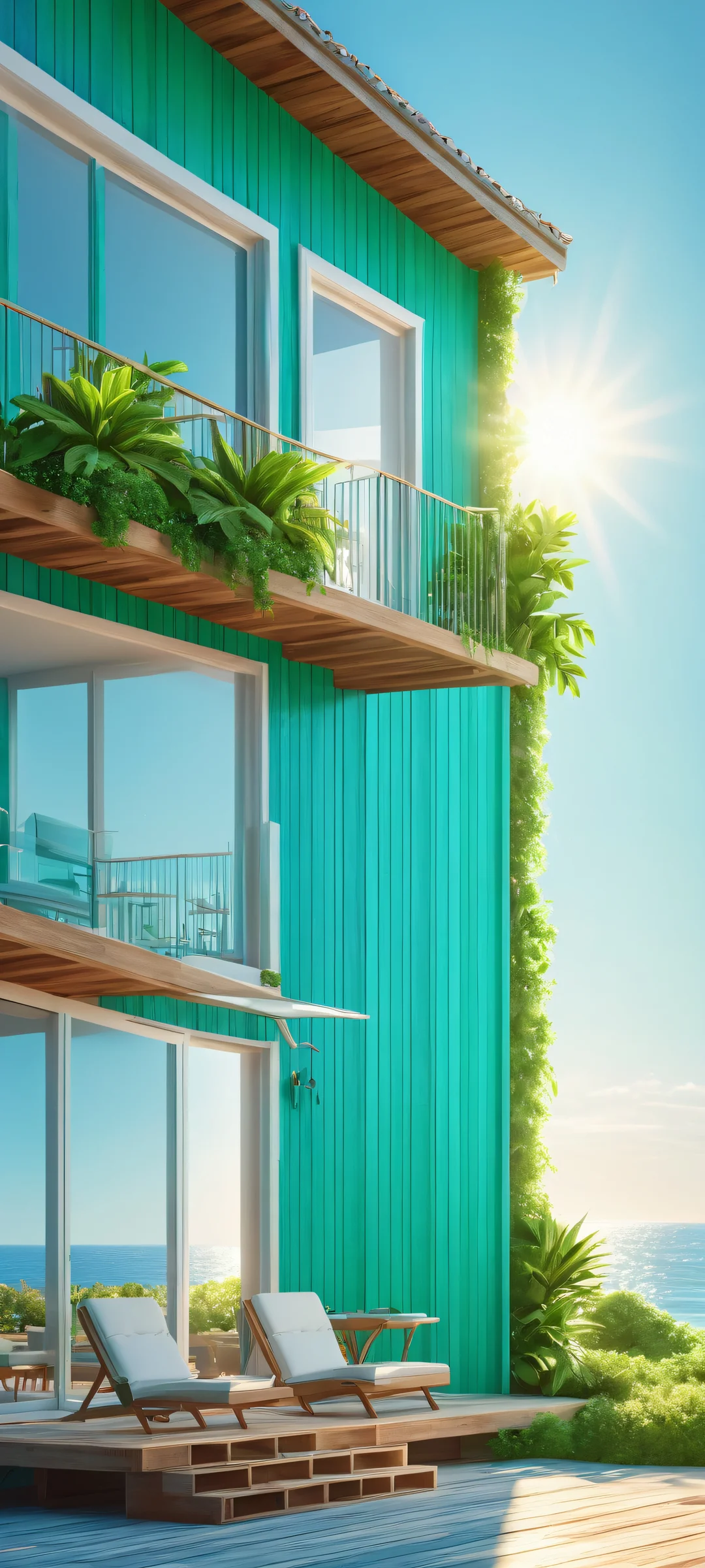 iPhone and Android users will love this stunning coastal house wallpaper featuring a sunlit outdoor setting with lush greenery and calming blue hues.