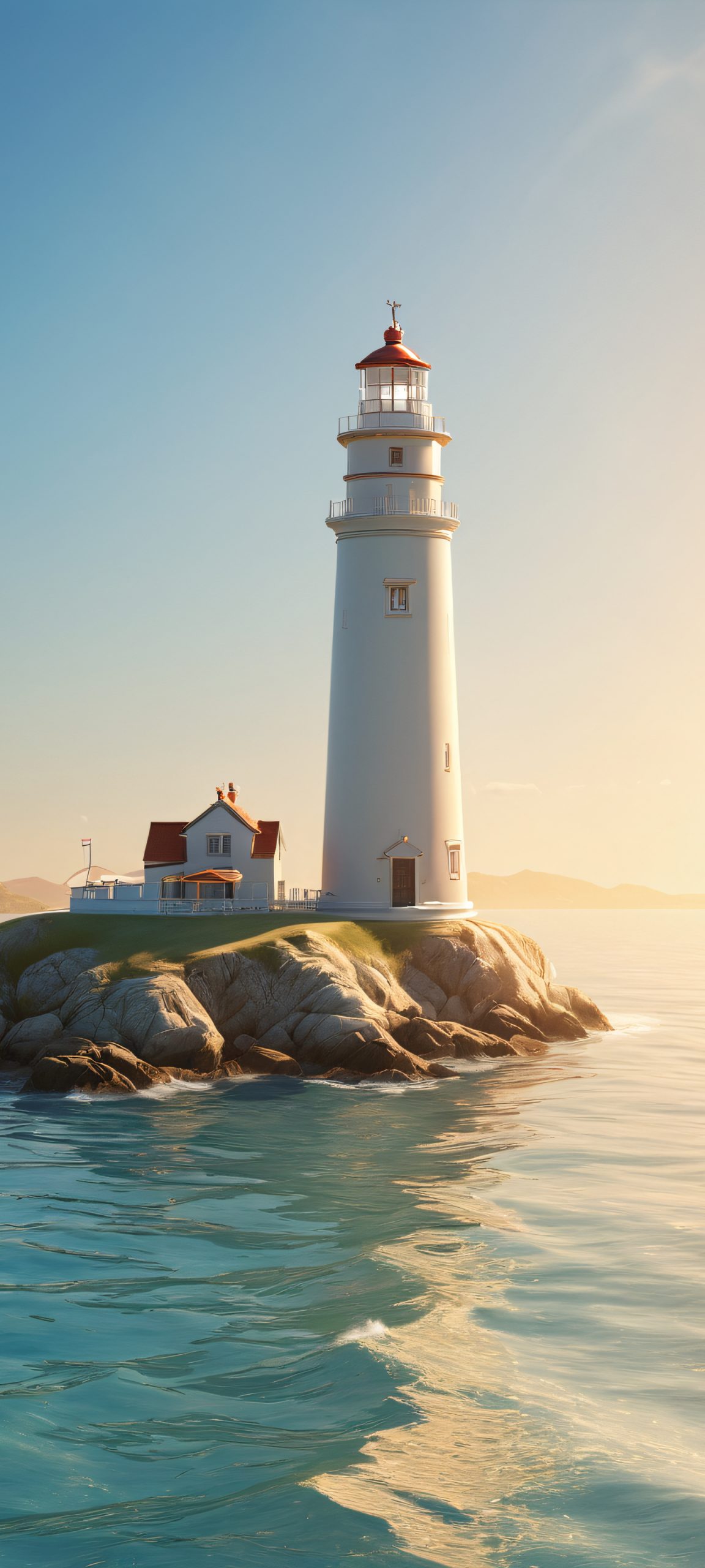 Sunny coastal lighthouse on a warm beige and soft blue island, perfectly optimized for iPhone, Samsung Galaxy, and Android home screens.