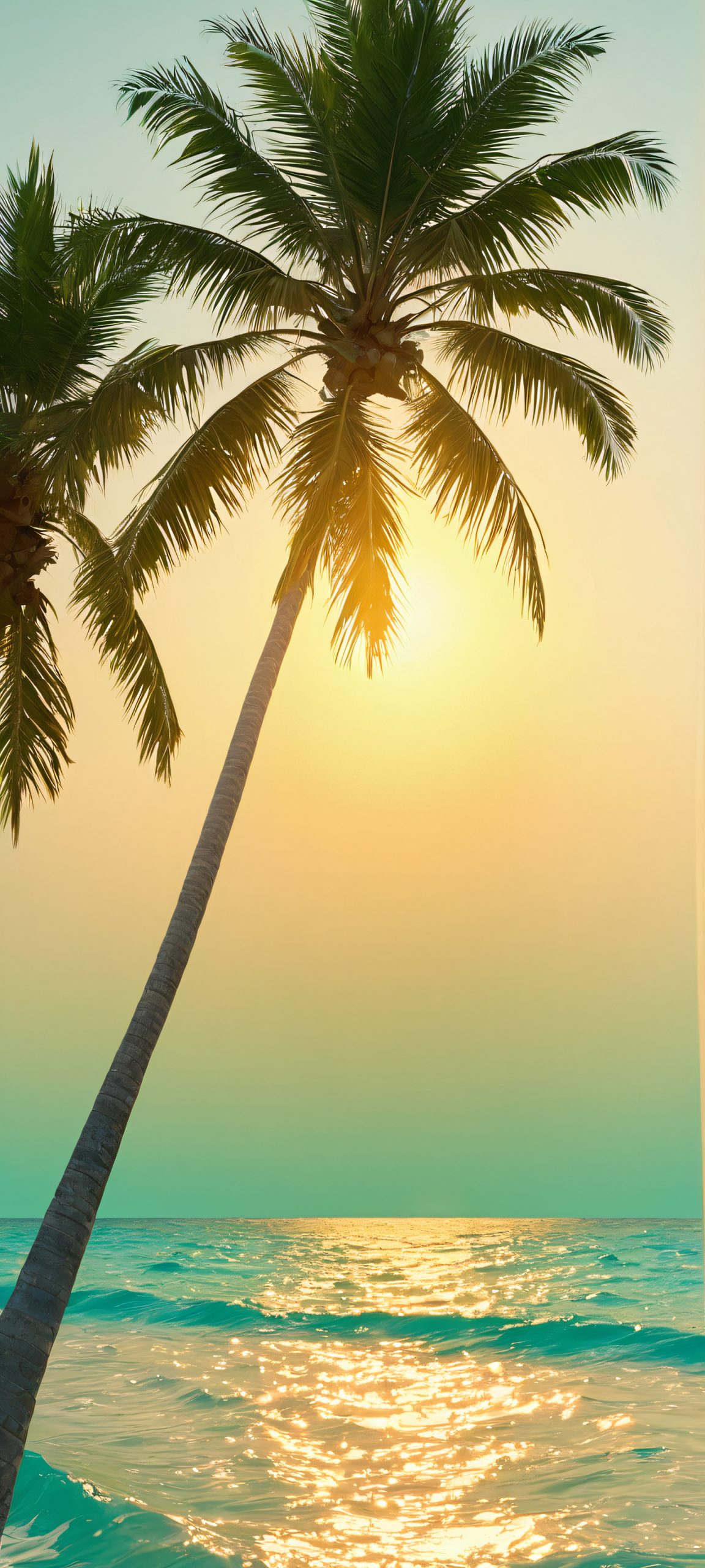 Coastal Oasis 2K QHD Mobile Wallpaper Palm trees sway against a tranquil turquoise ocean backdrop, perfect for your iPhone or Android home screen.