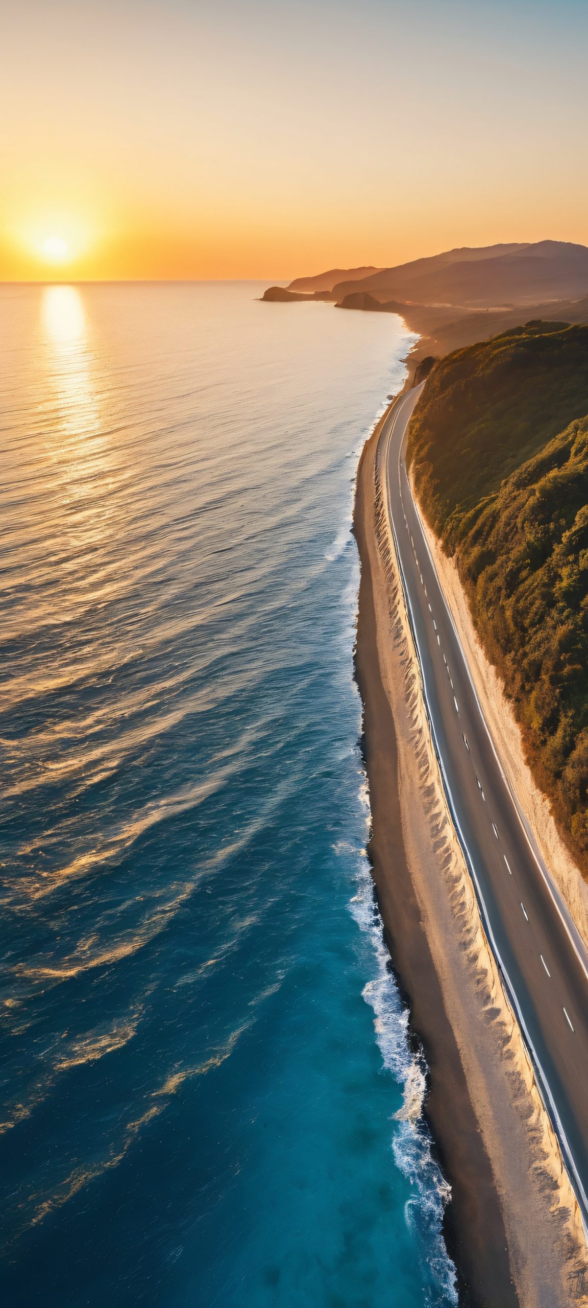 Beautiful coastal road scene at golden hour, ideal for iPhone and Android wallpapers, featuring ocean views and realistic details