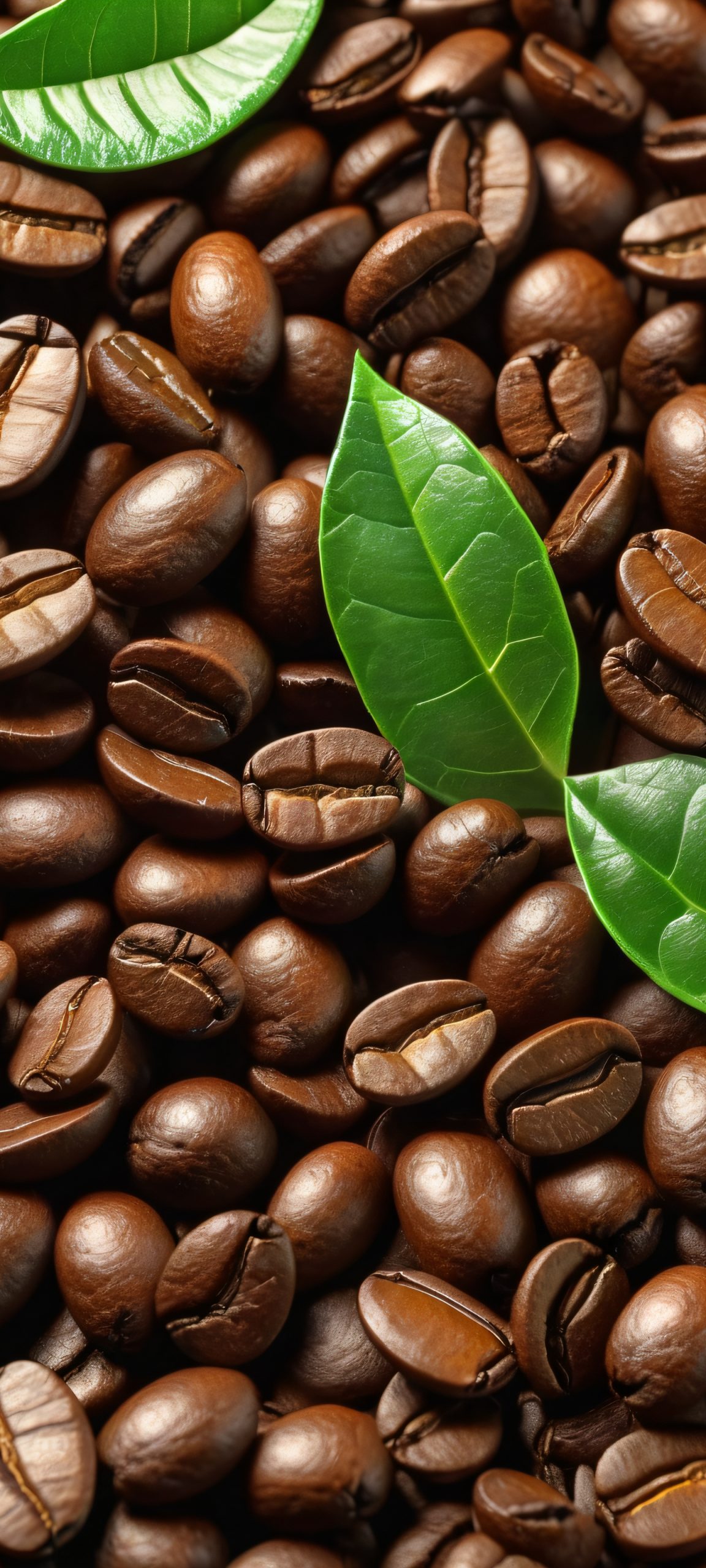 A stunning vertical mobile wallpaper featuring coffee beans and green leaves, perfectly optimized for iPhone, Samsung Galaxy, and Android home screens.