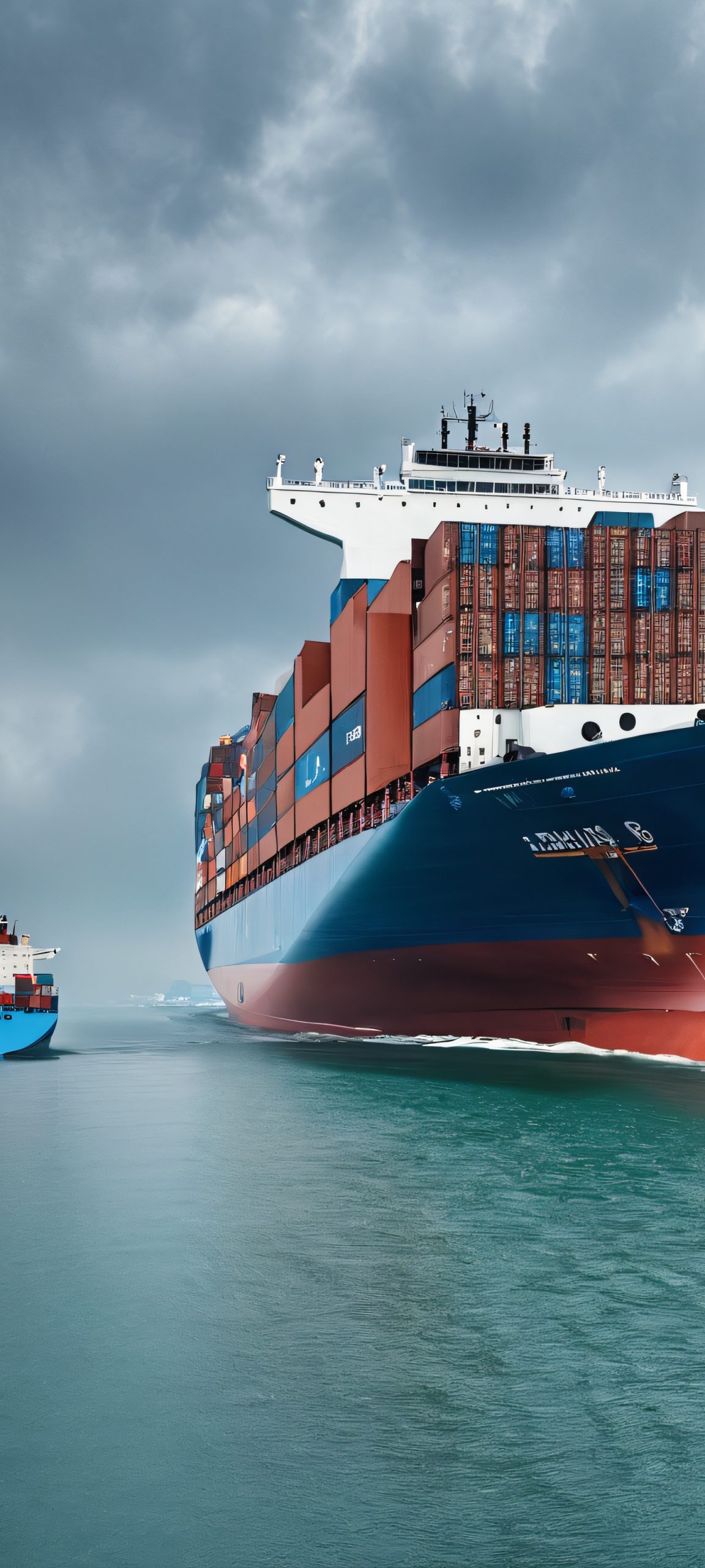 Container Ship at Sea 2K QHD Home Screen A majestic container ship sailing through a gray and blue overcast sky at a busy seaport. Perfectly optimized for iPhone, Samsung Galaxy, and Android home screens.