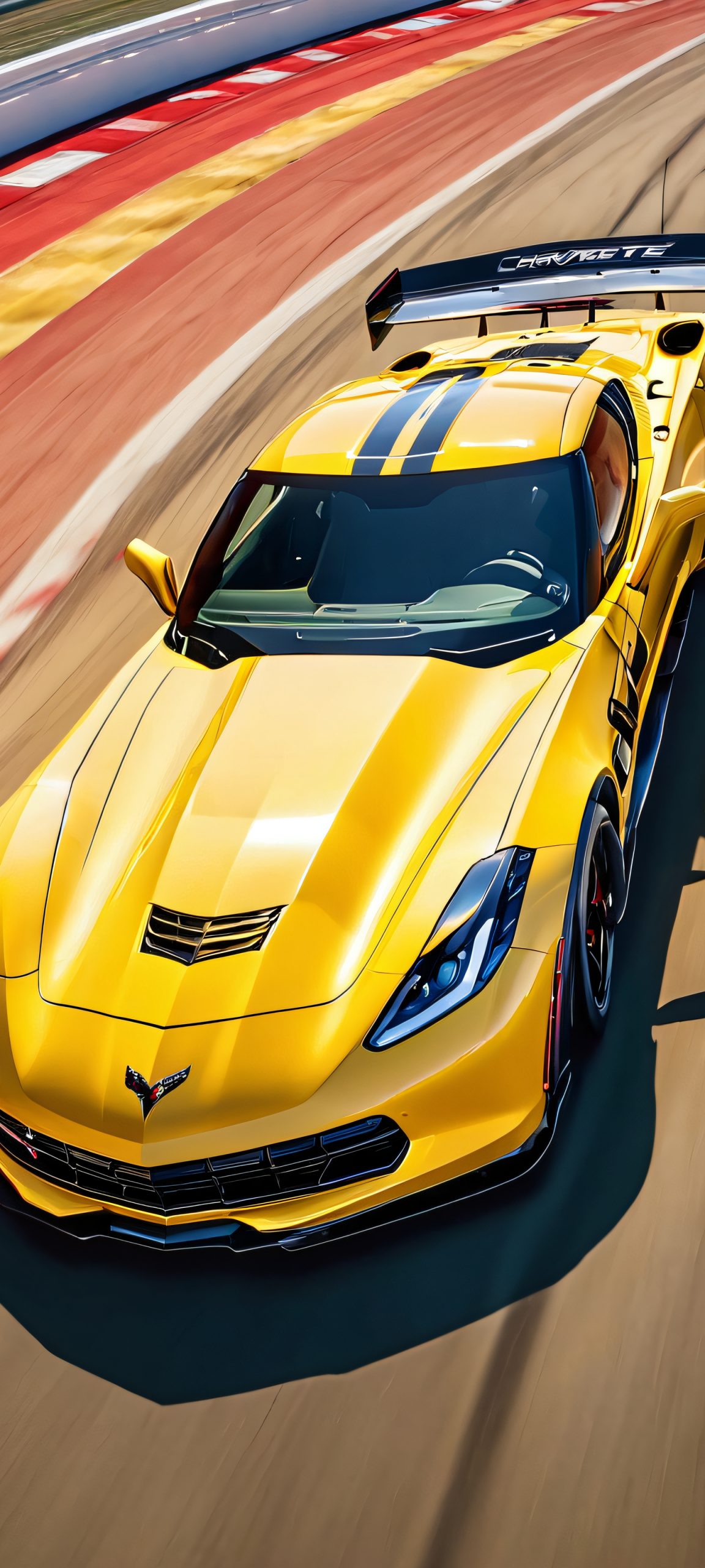 Chevrolet Corvette racing on a sunny day at a realistic racing track, perfect for your iPhone or Android home screen
