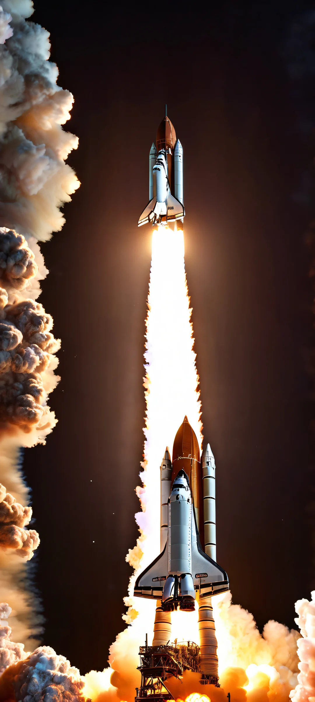 Space Shuttle Launch on a dark background with dramatic lighting and night bright fire - perfect for iPhone or Android home screens.