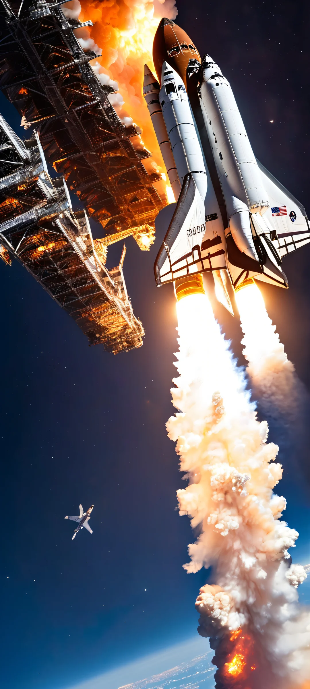 Beautiful nighttime scene of Space Shuttle surrounded by bright fire, perfect for iPhone and Android home screens.
