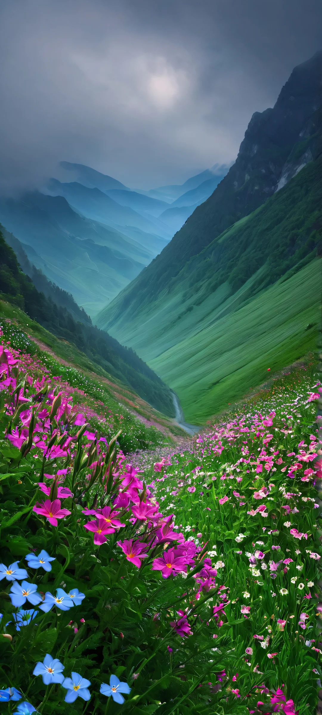 Cosmic Bloom Lock Screen for iOS & Android iPhone and Android users will love this stunning Valley of Flowers wallpaper with a dark space background, showcasing the beauty of nature against the vastness of the universe.