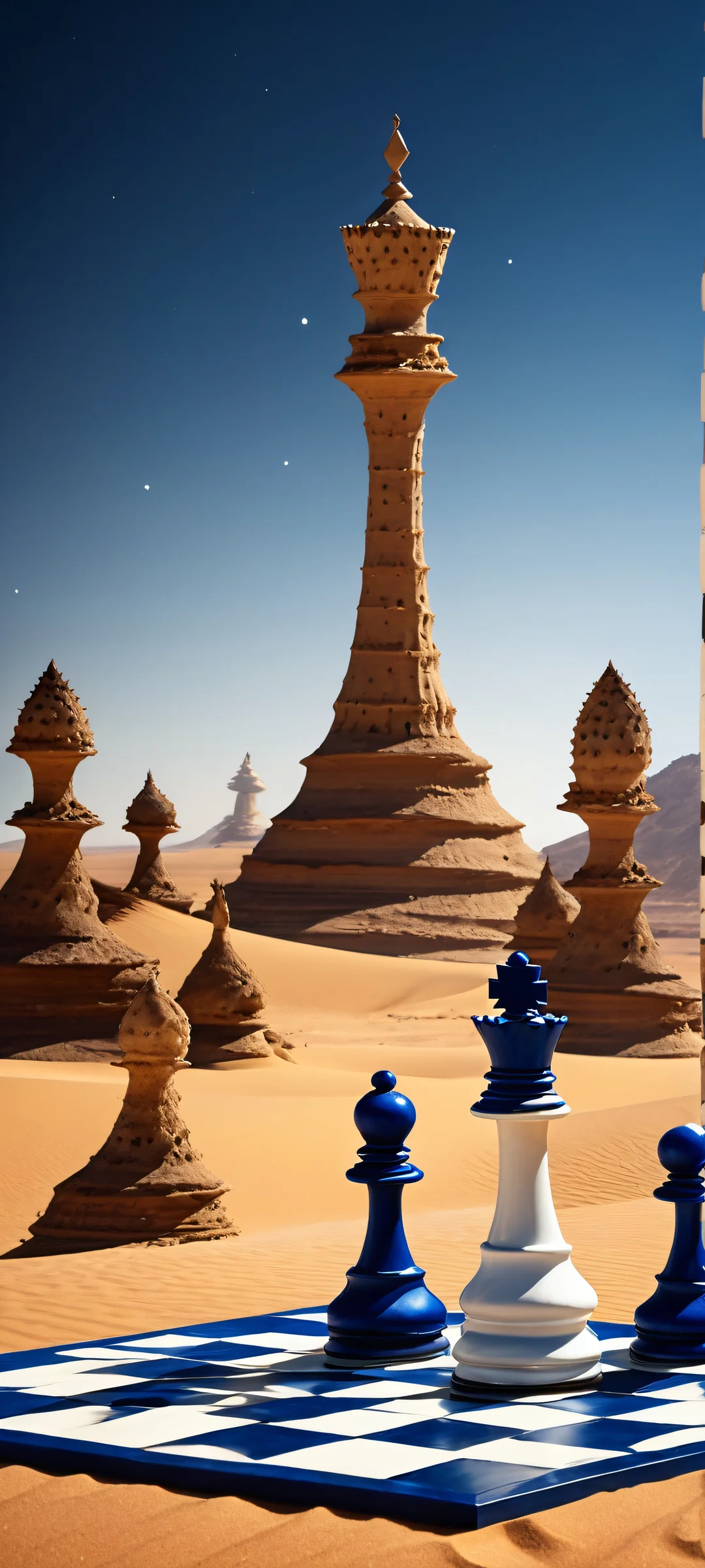 A surreal masterpiece featuring a chessboard amidst a midnight blue and starlight white cosmic desert landscape, perfectly optimized for iPhone/Android home screens.