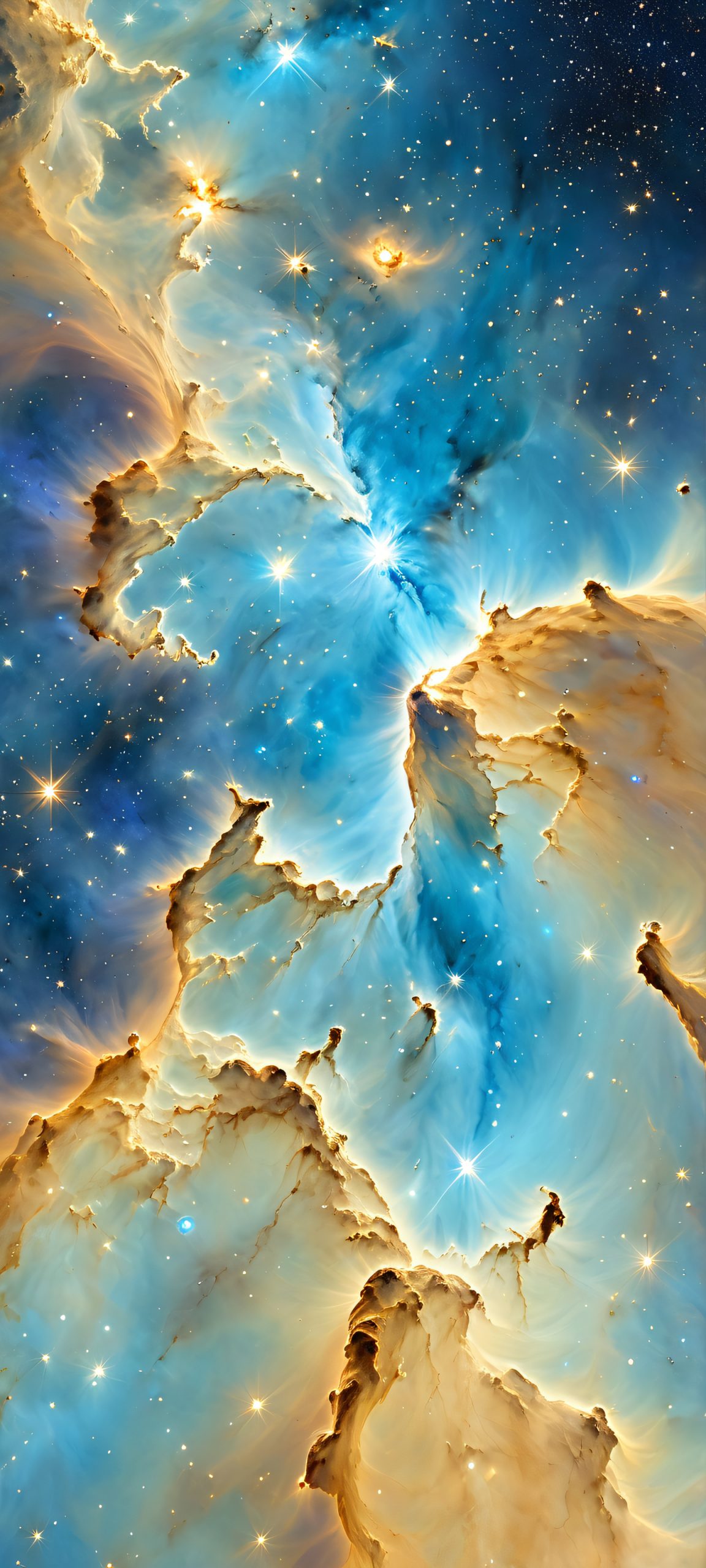 iPhone and Android users will be mesmerized by this stunning watercolor nebula wallpaper, featuring soft pastel blue and muted gold hues.