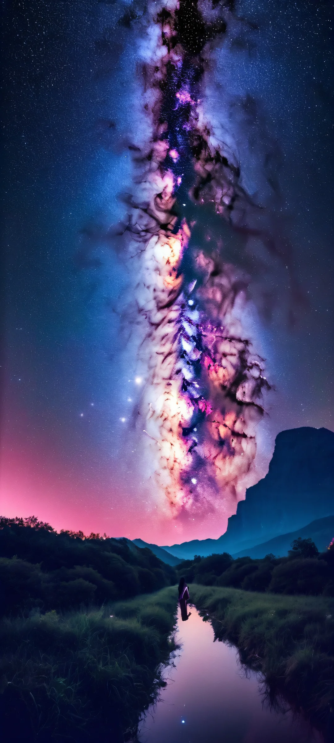 iPhone and Android users, behold this breathtaking Milky Way panorama with a girl in the foreground. Perfectly optimized for your device's home screen.
