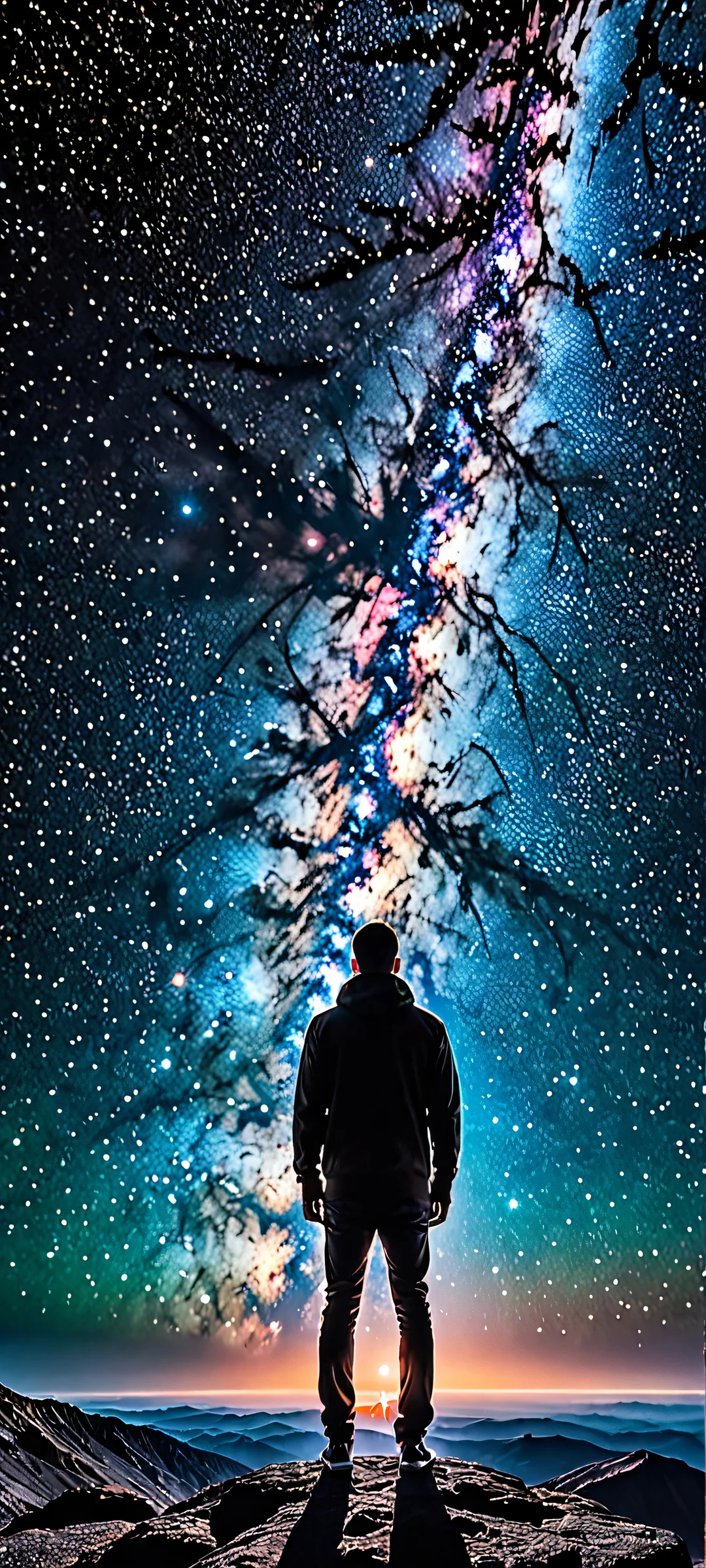 A surreal, dreamlike landscape featuring a man surrounded by dark stars and cosmic wonder. Perfectly optimized for iPhone and Android home screens.