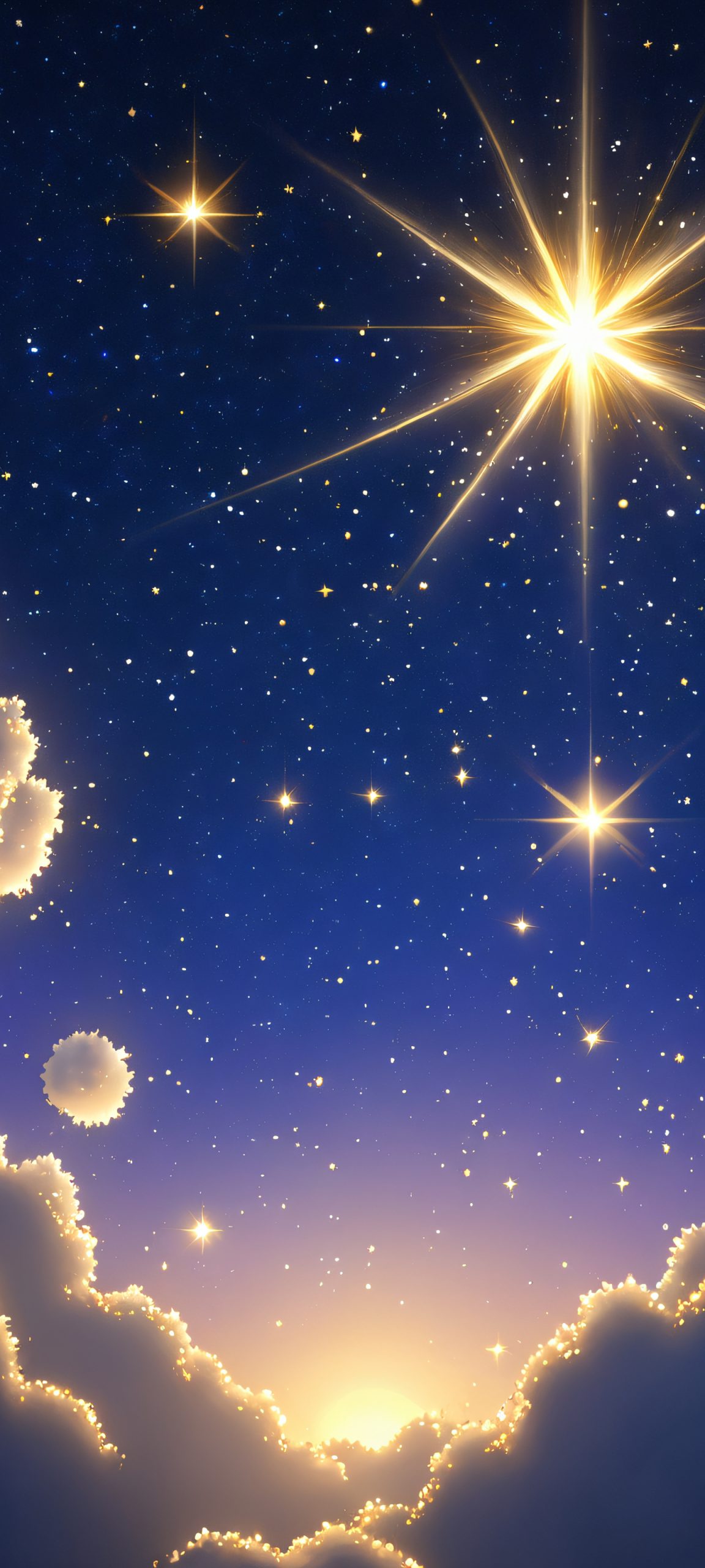 A mesmerizing iPhone and Android wallpaper featuring a stunning star cluster against a navy blue sky, with a touch of gold and soft white hues.
