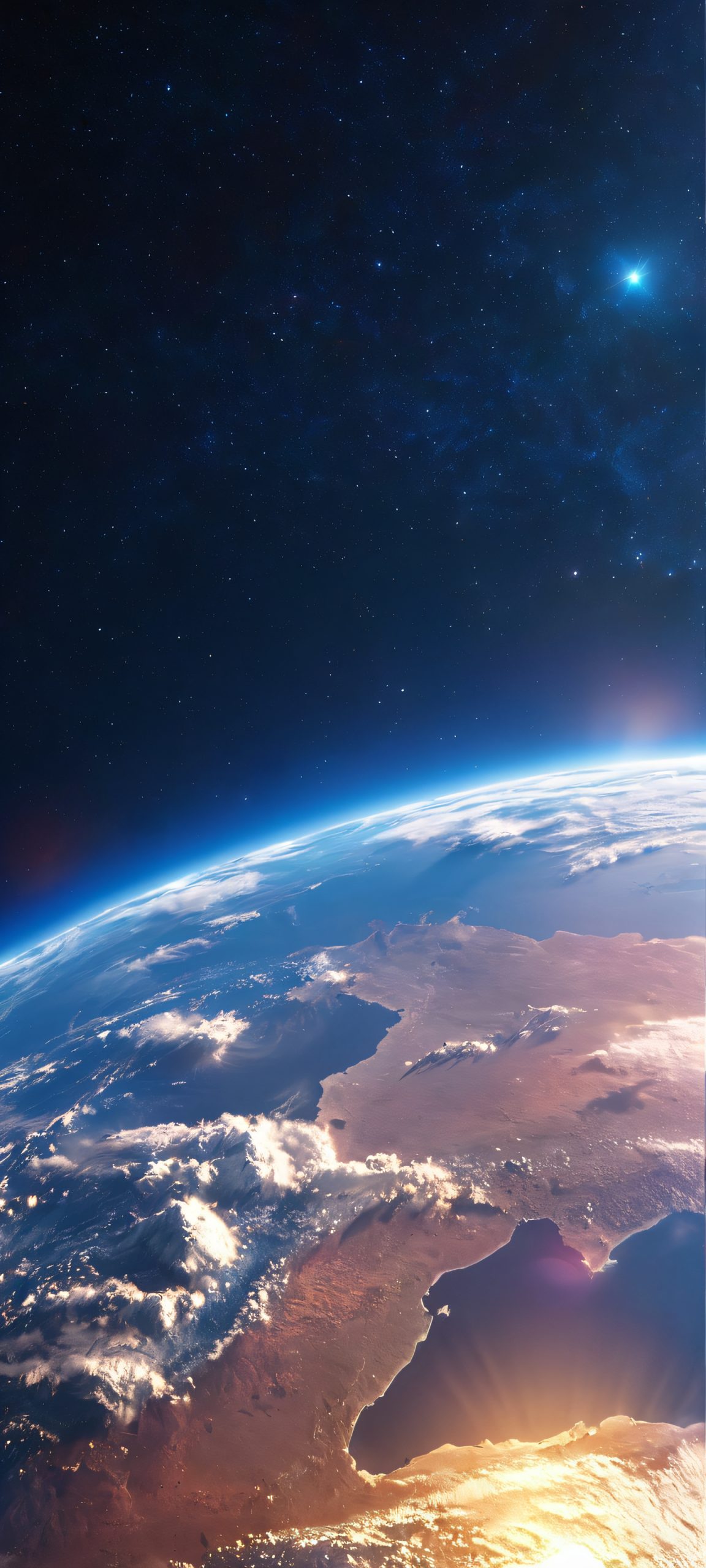 Breathtaking photorealistic image of Earth from space on a soft glow background, perfectly optimized for iPhone and Android home screens.