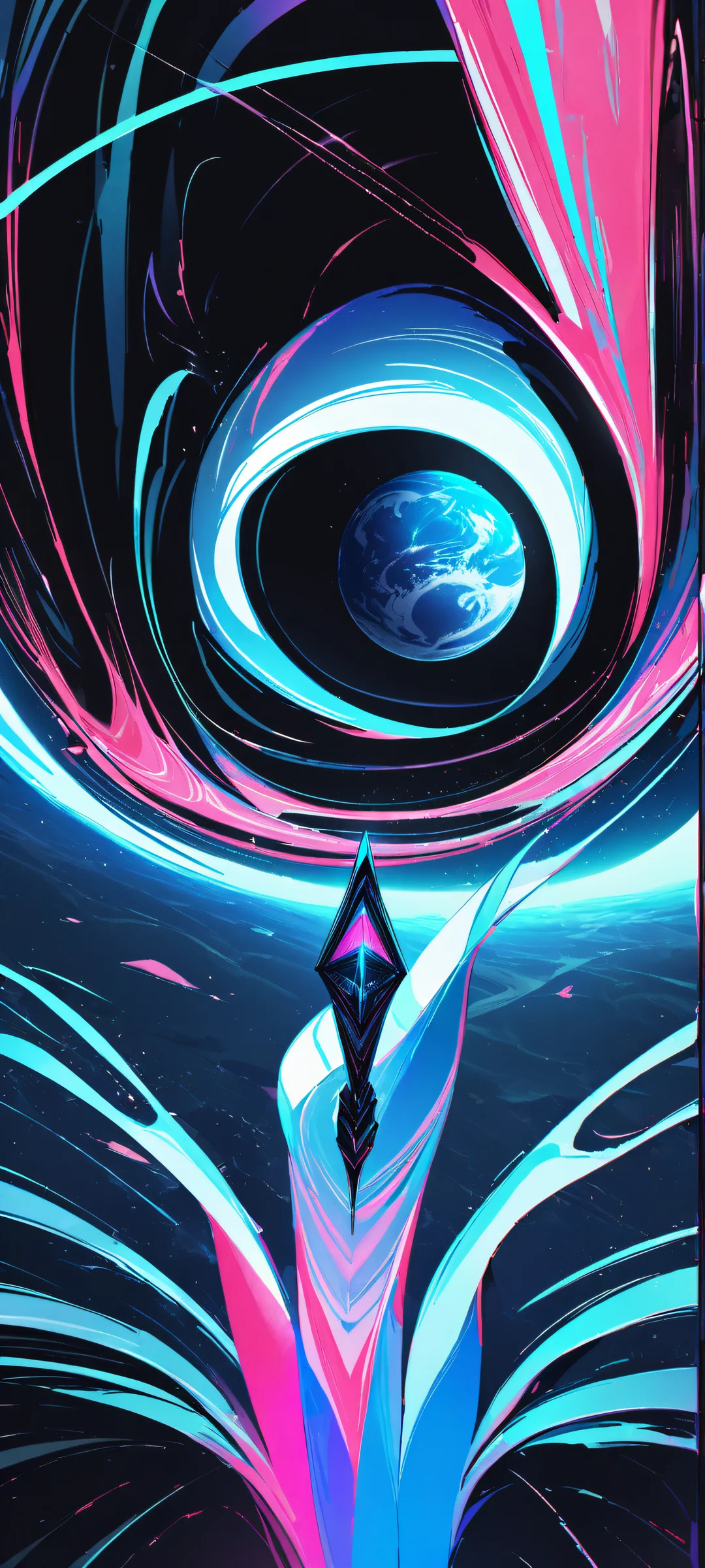 Cosmic Earthrise 2K Phone Wallpaper Breathtaking vertical mobile wallpaper of Planet Earth from Space, featuring dark background and stylized noir pop wave design, perfectly optimized for iPhone and Android home screens.