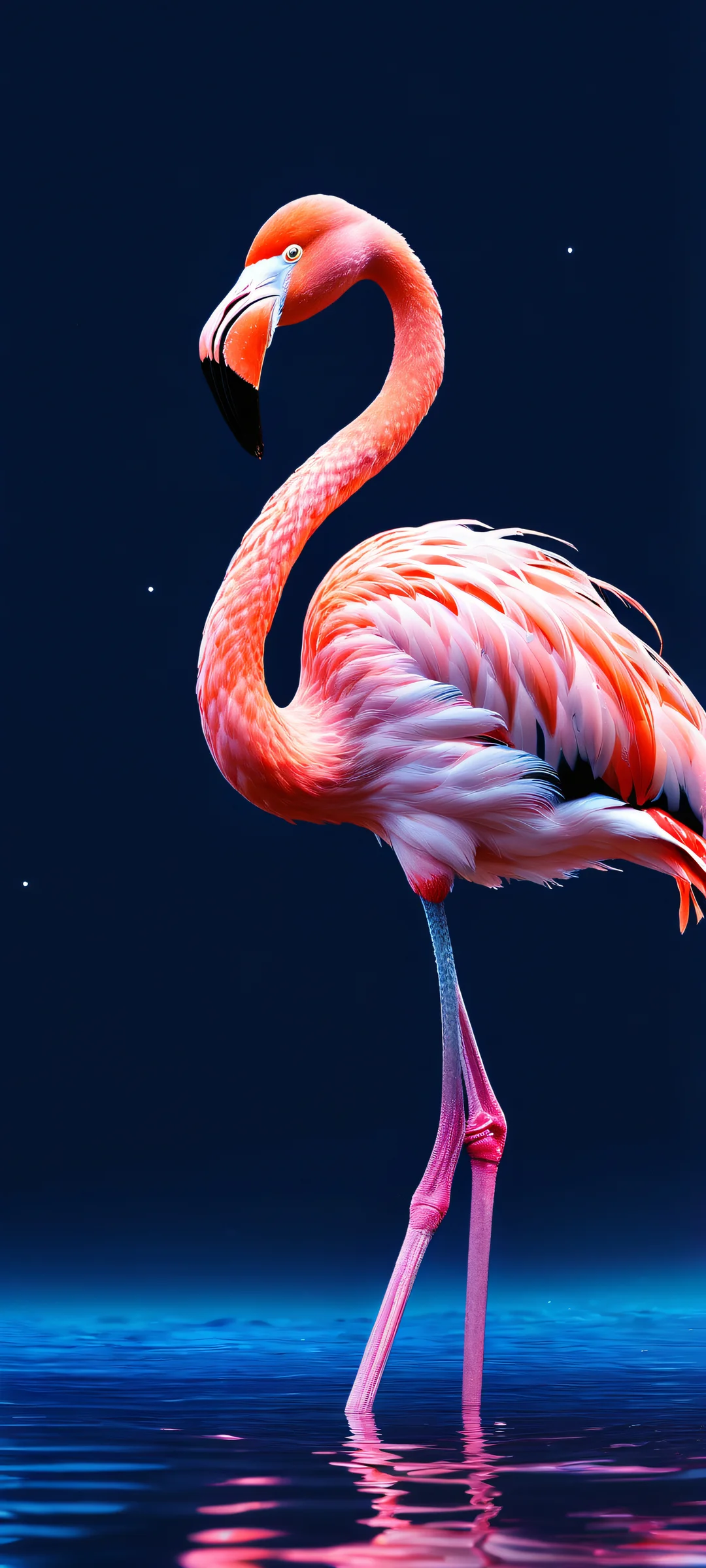 A stunning flamingo silhouette against a vibrant indoor night sky with neon accents and cosmic glow. Perfect for iPhone/Android.