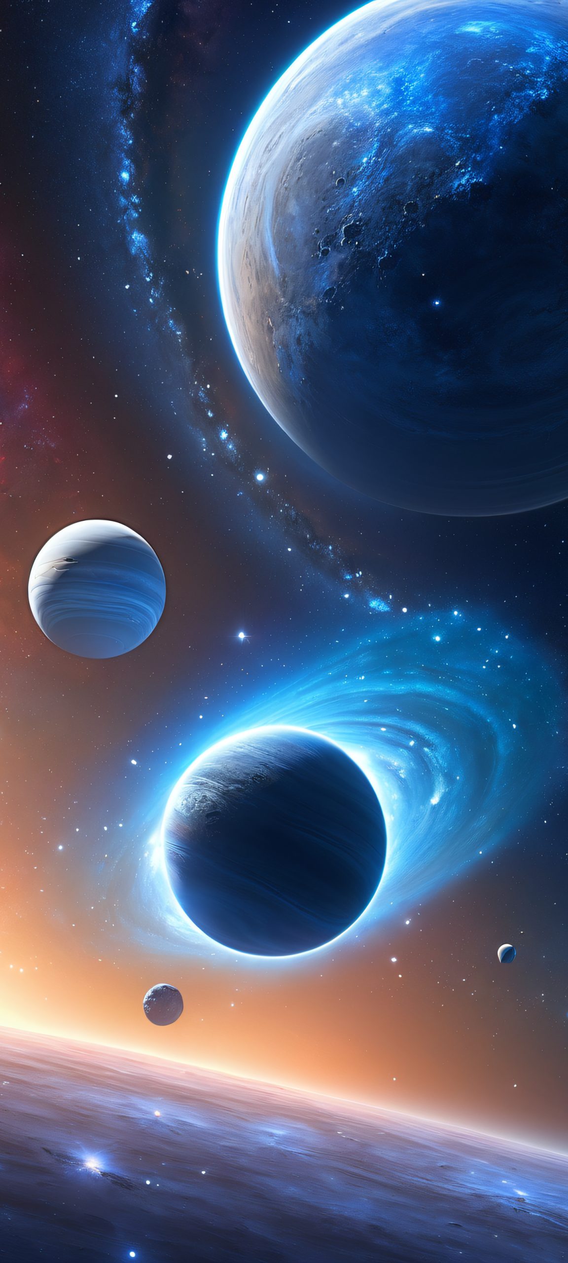 A stunning mobile wallpaper of planets gathering in deep space, featuring surreal soft glow and a blend of Nebula Blue, Stellar White, and Galactic Gray. Perfectly optimized for iPhone, Samsung Galaxy, and Android home screens.