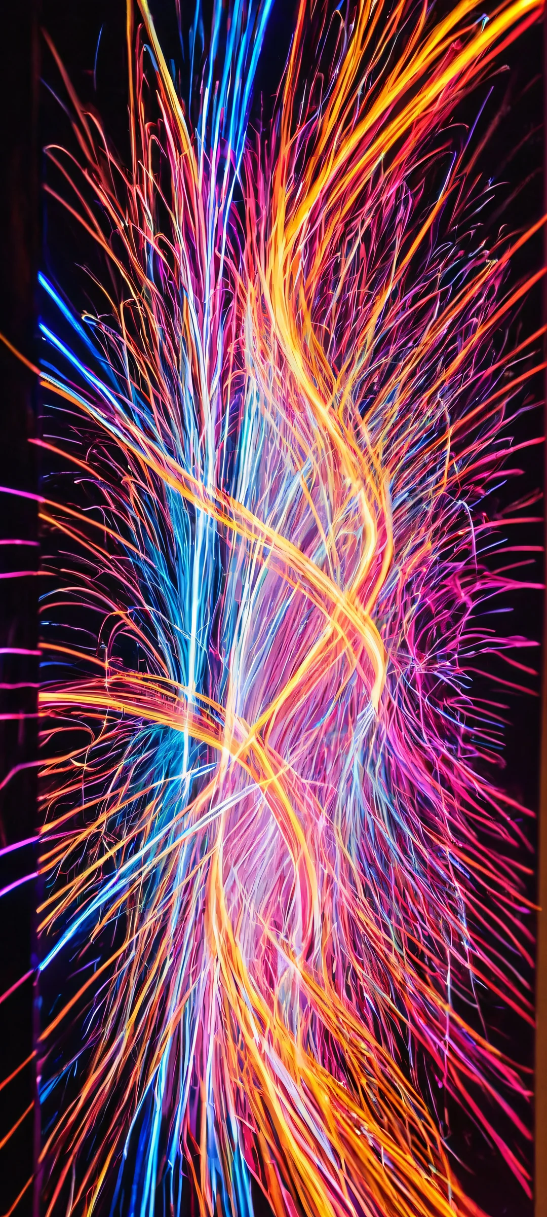 Abstract light painting artwork on iPhone and Android mobile devices, showcasing glowing neon and shiny skin posing. Perfect for futuristic home screens.