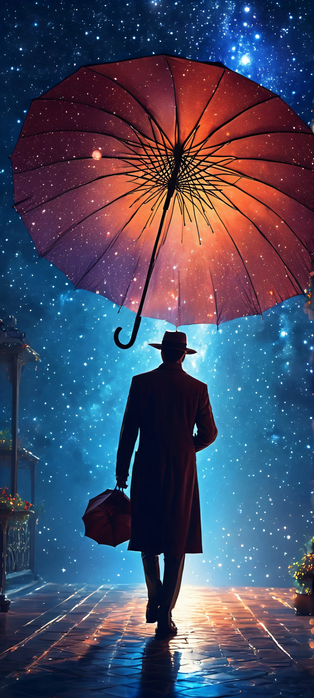 Man with umbrella surrounded by the ethereal glow of the night sky on an iPhone or Android device.