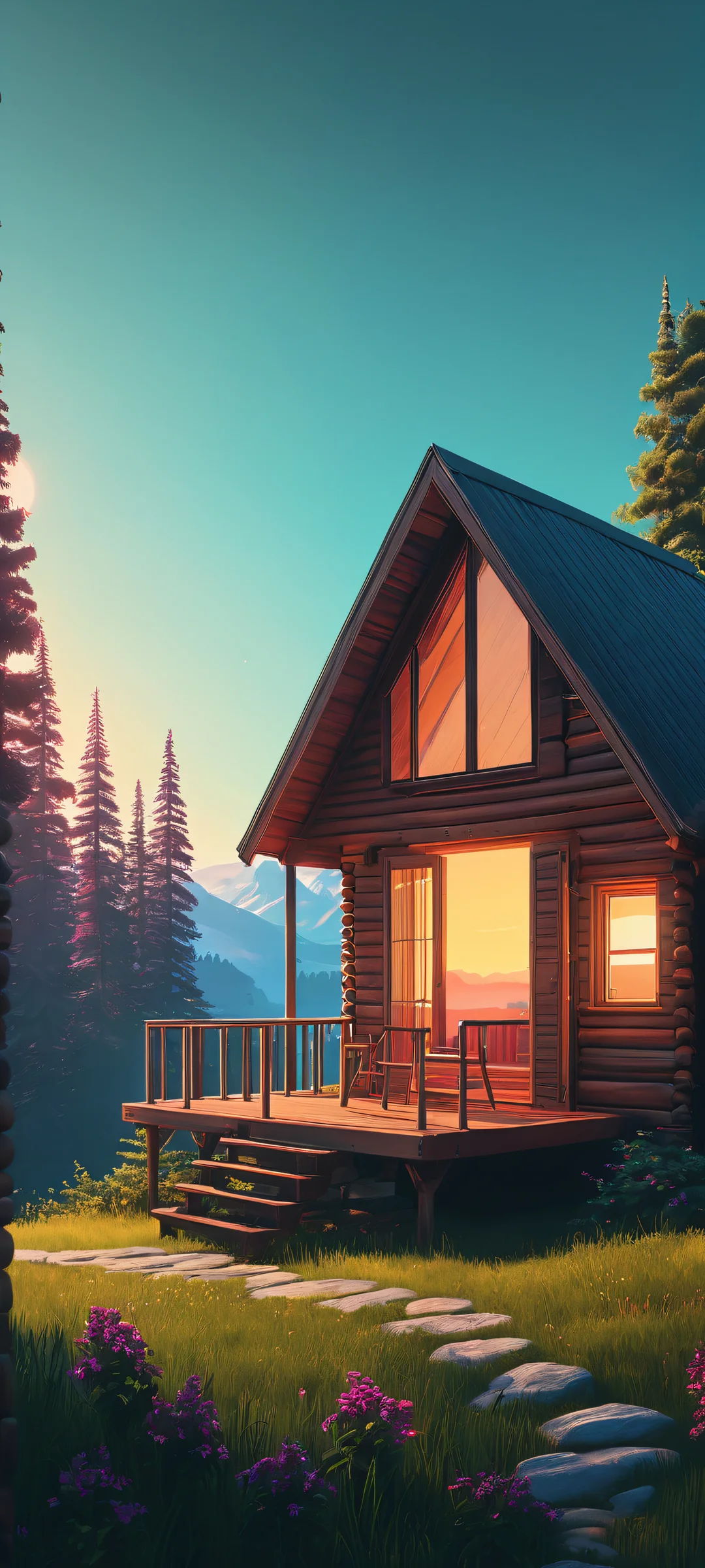 A stunning illustration of a cabin at dawn, perfect for iPhone and Android screens.