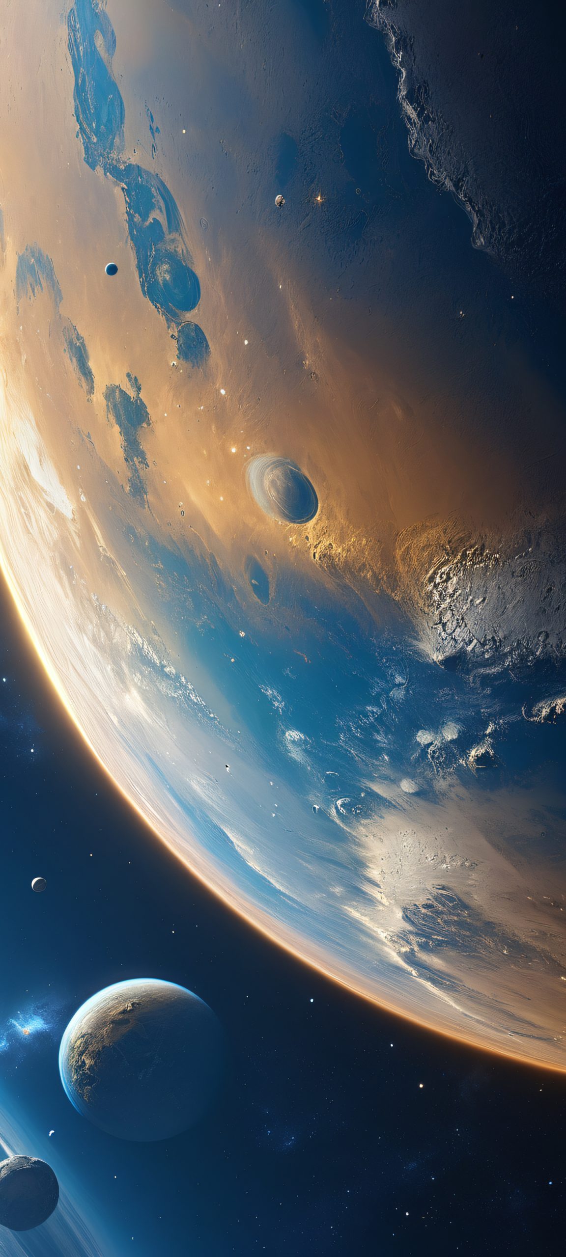 Explore the infinite expanse of space with this stunning iPhone/Android wallpaper, featuring a breathtaking planetary landscape with deep blues, soft whites, and golden hues.