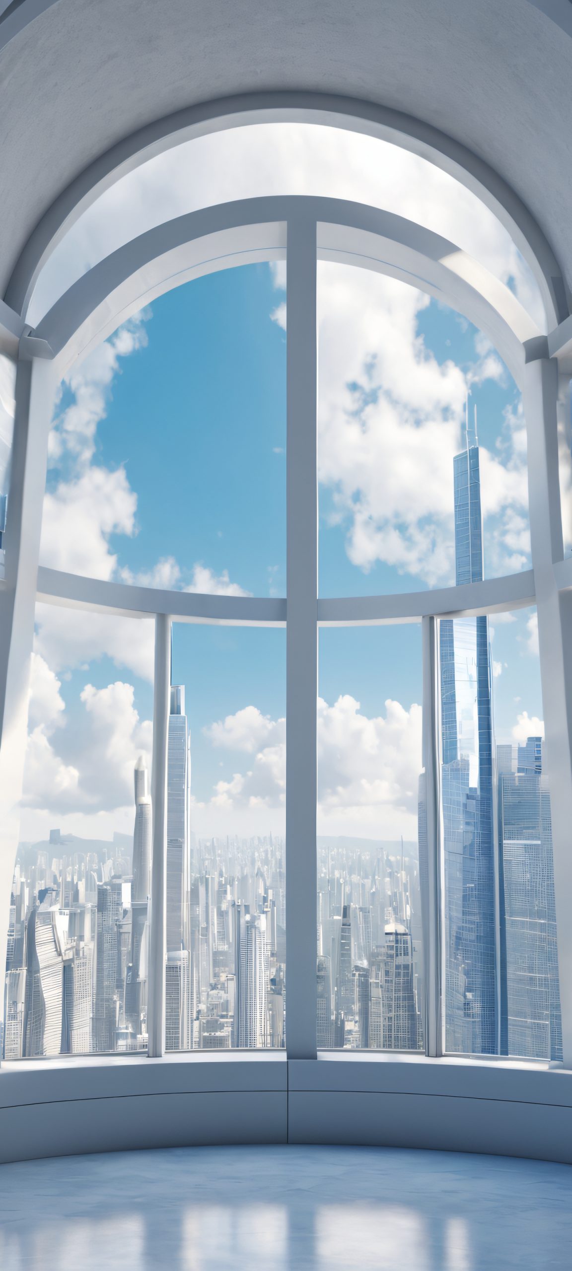 A serene cityscape at dawn, as the sun rises over the indoor observatory's glass walls, perfectly visible on your iPhone or Android.