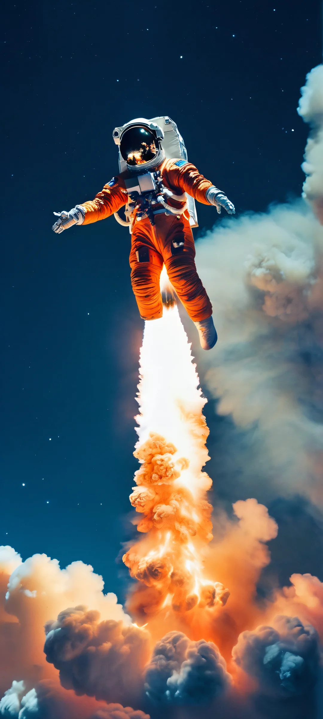 Astronaut standing at launch night with bright volumetric fire in the background - perfectly suited for iPhone/Android home screens