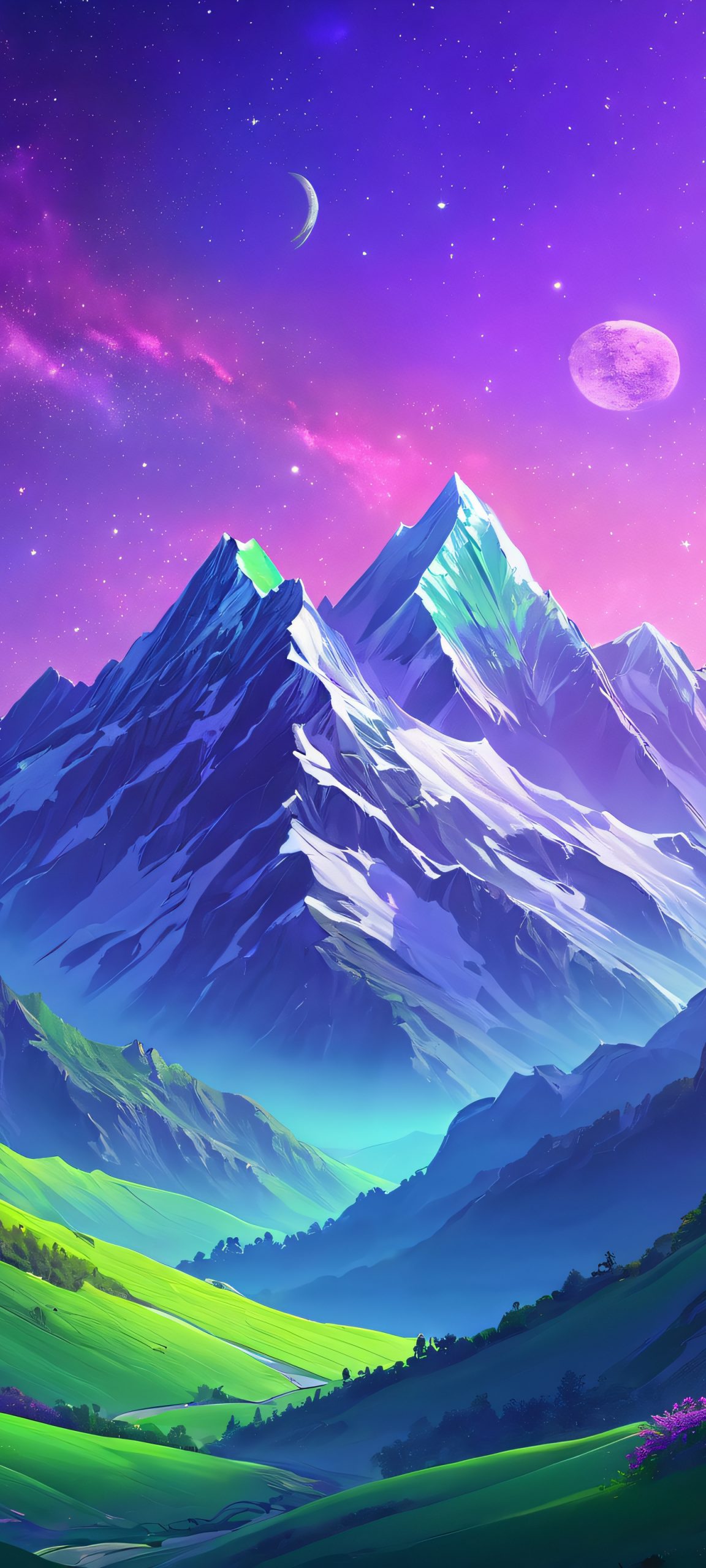 iPhone and Android wallpaper featuring a breathtaking cosmic mountain range with purple and green hues, perfect for your mobile device's home screen.