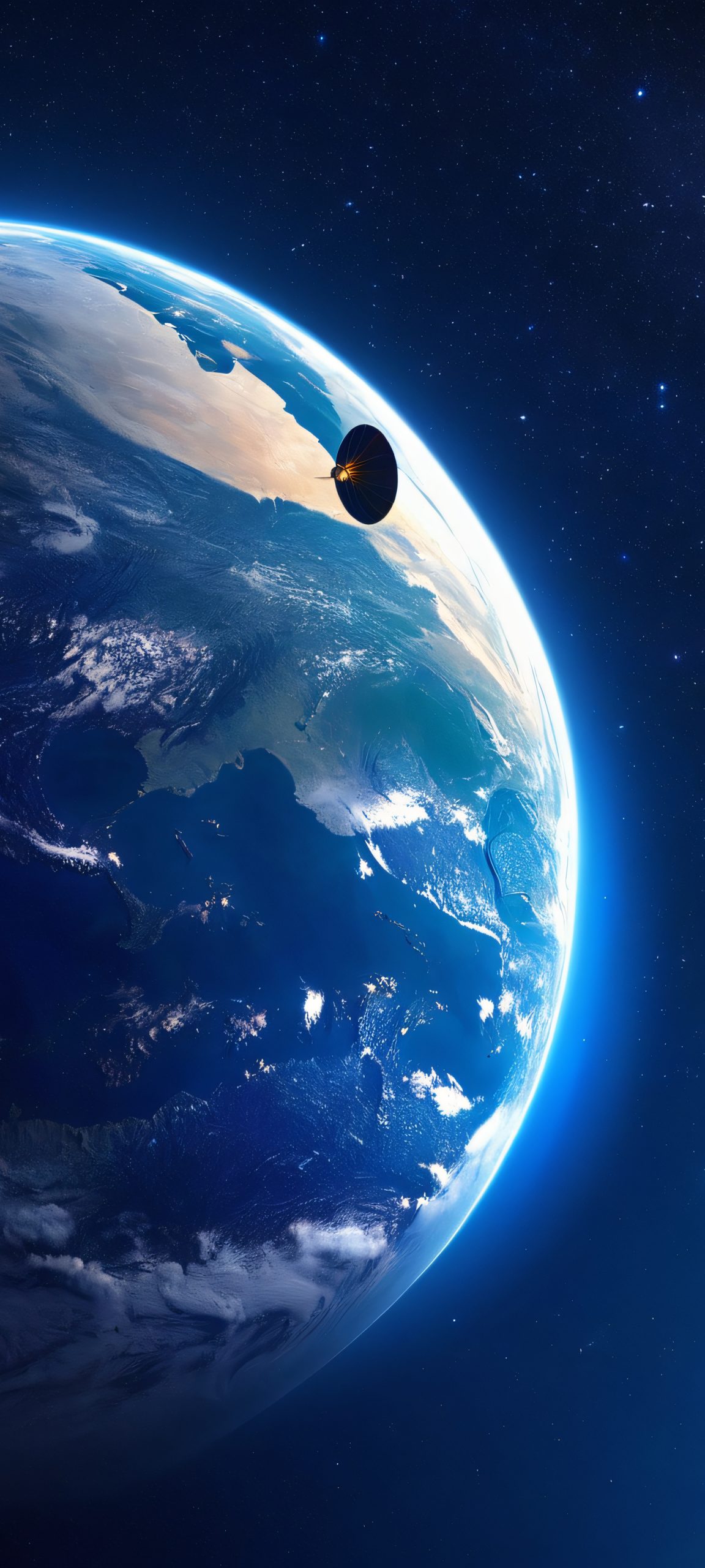 iPhone/Android user, immerse yourself in this stunning satellite view of the Earth at night, featuring deep blues and surreal beauty, perfectly optimized for your mobile home screen.