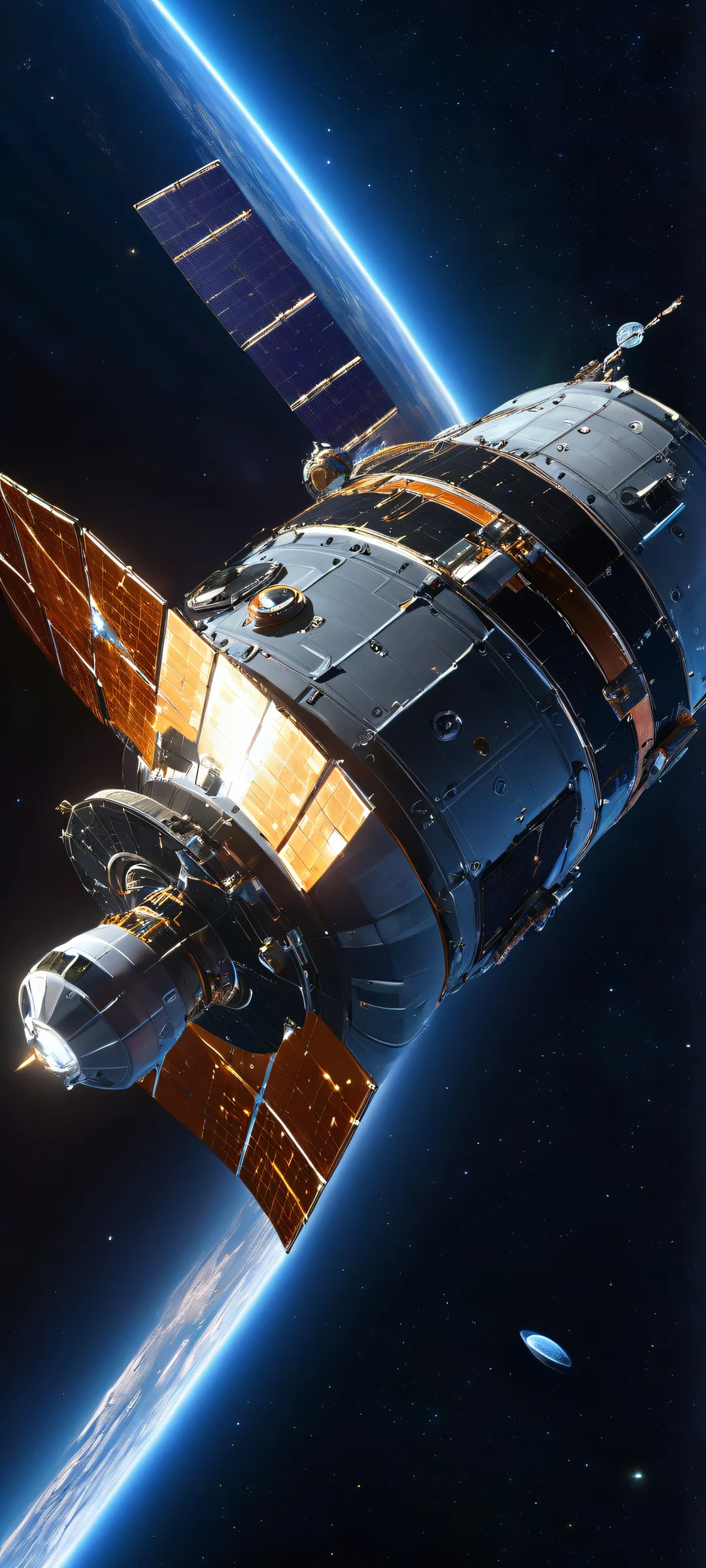 A stunning iPhone and Android wallpaper featuring a surrealistic depiction of the dark space with shiny skin-like satellite textures.