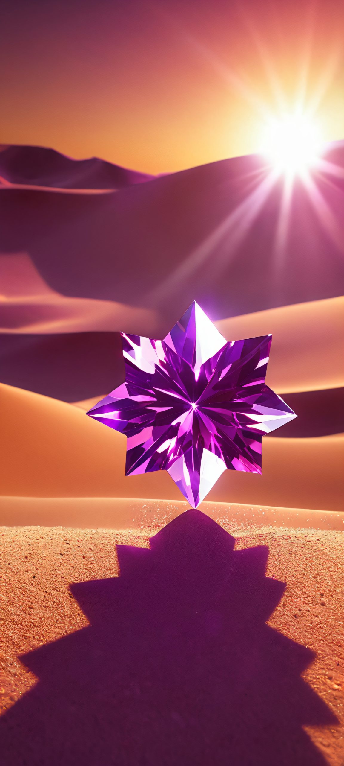 A stunning purple crystal star shines brightly in a desert landscape under harsh sunlight, perfect for iPhone/Android home screens.