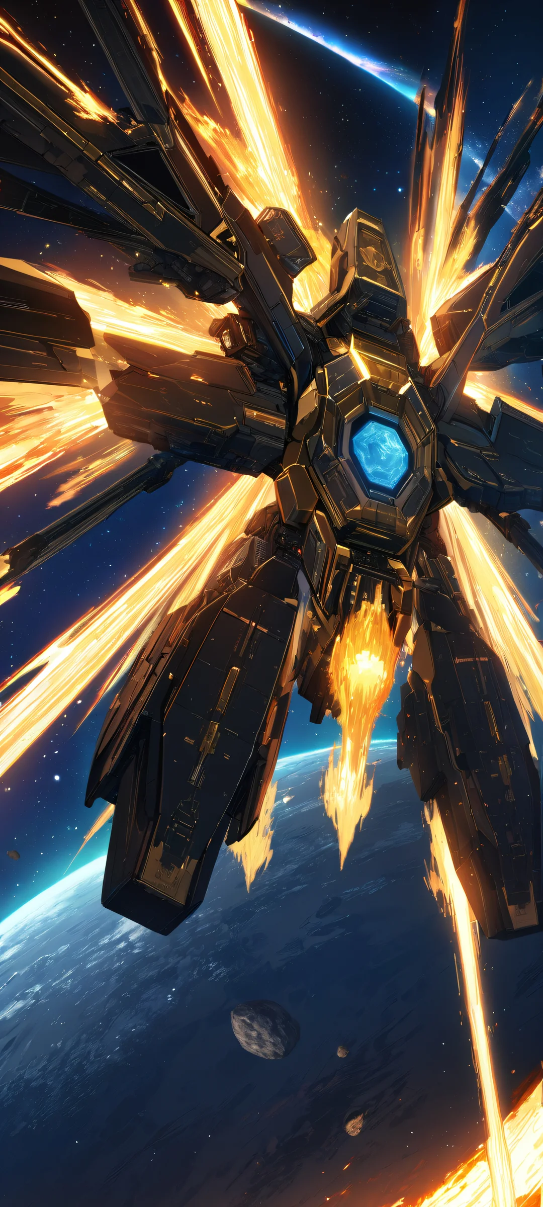 Explore the vastness of space with this stunning iPhone/Android wallpaper featuring an asteroid field set against a backdrop of golden stars.