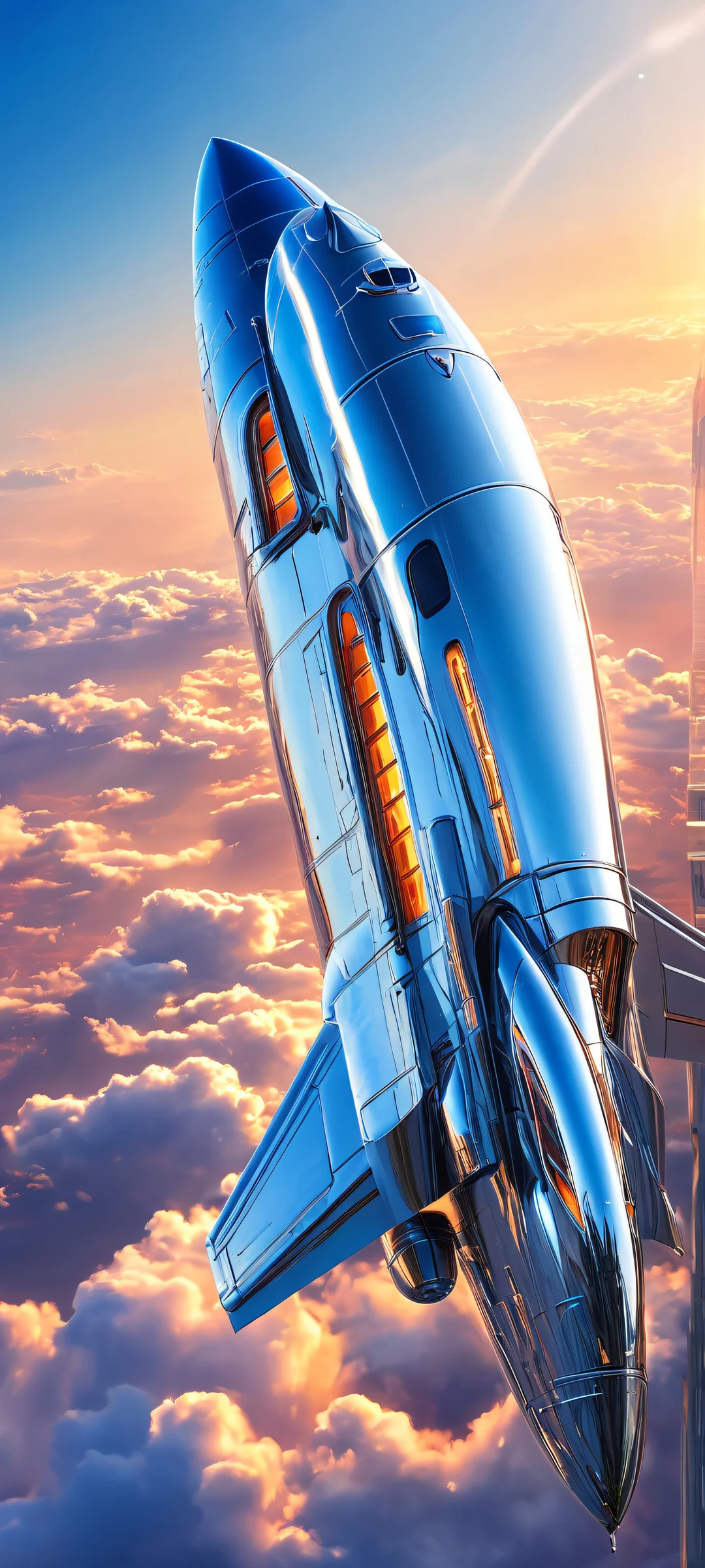 A stunning vertical mobile wallpaper featuring a Chrome Spaceship soaring through an electric blue neon sky, perfekt optimiert für iPhone- und Android-Startbildschirme.