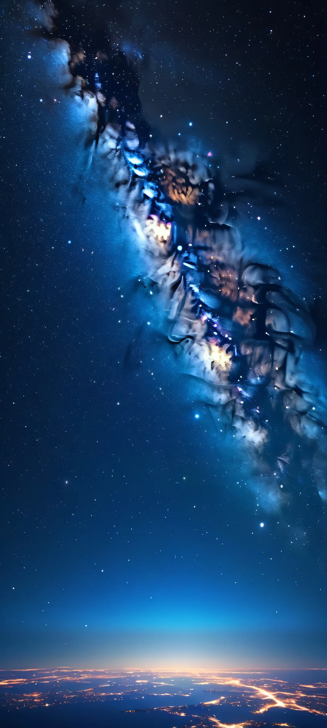 A stunning space wallpaper featuring Earth from above, surrounded by stars and the soft glow of city lights. Perfect for iPhone and Android devices.