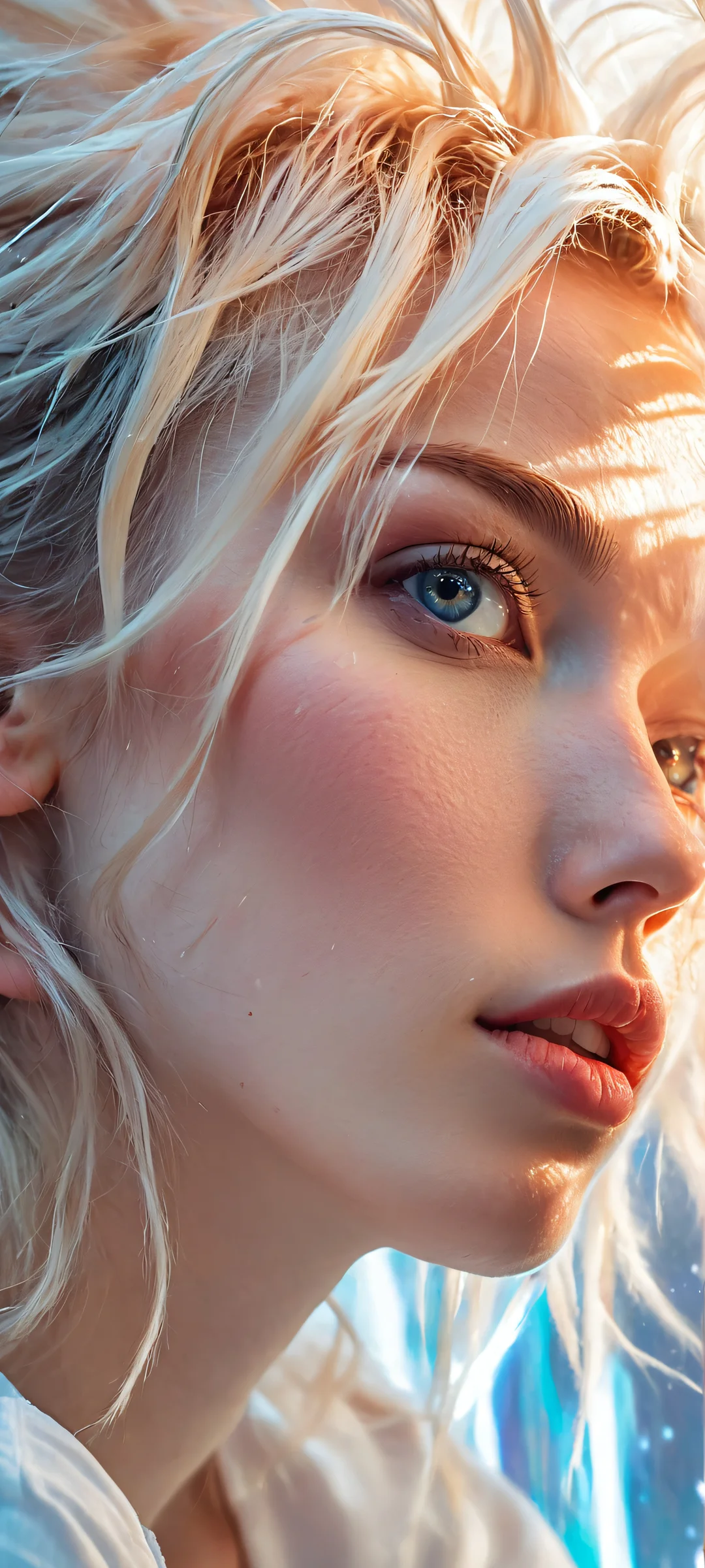 Glowing abstract space artwork for iPhone/Android featuring messy hair and pale skin. A masterpiece perfectly optimized for your mobile phone home screen.