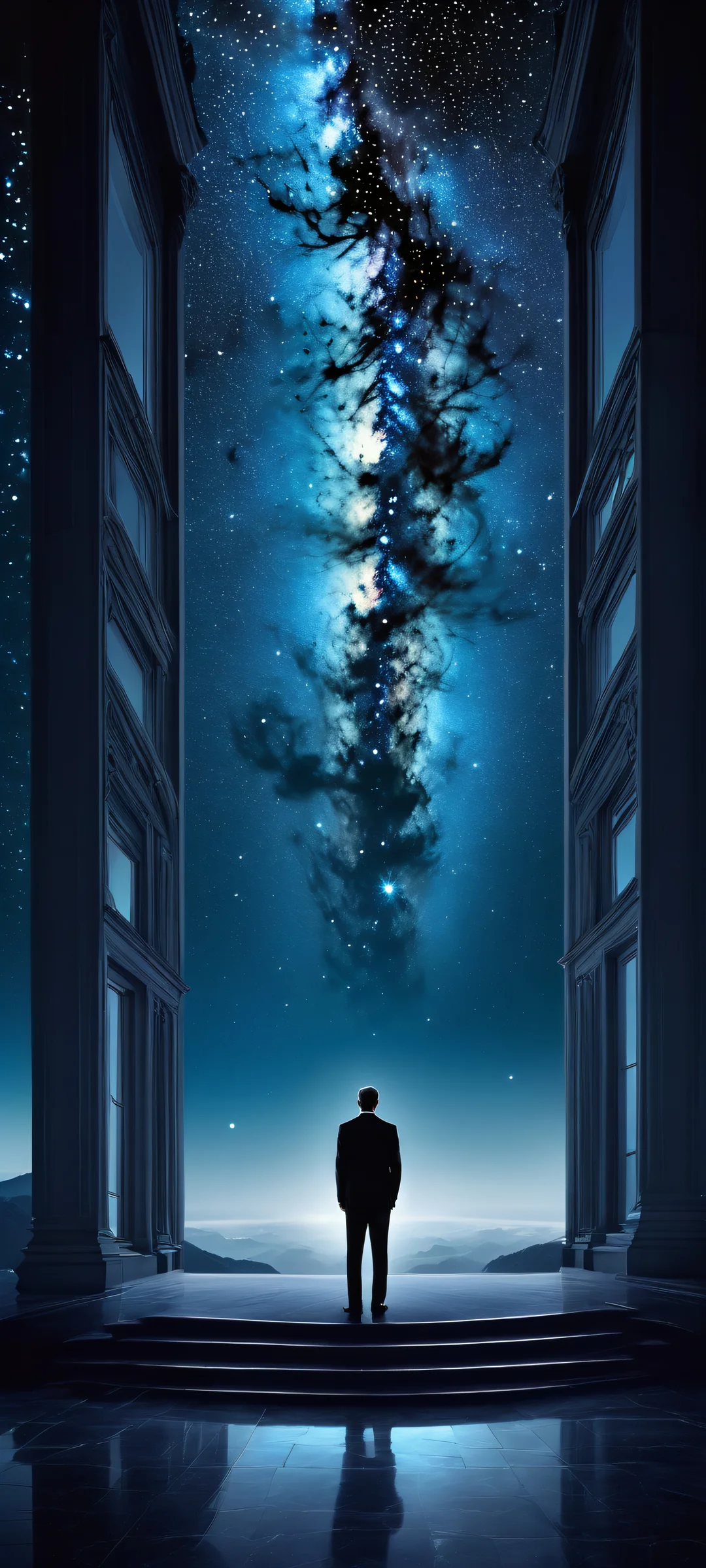Mysterious man stands amidst a surrealistic indoor night sky with deep blues and dark grays, perfekt für iPhone/Android-Startbildschirme.