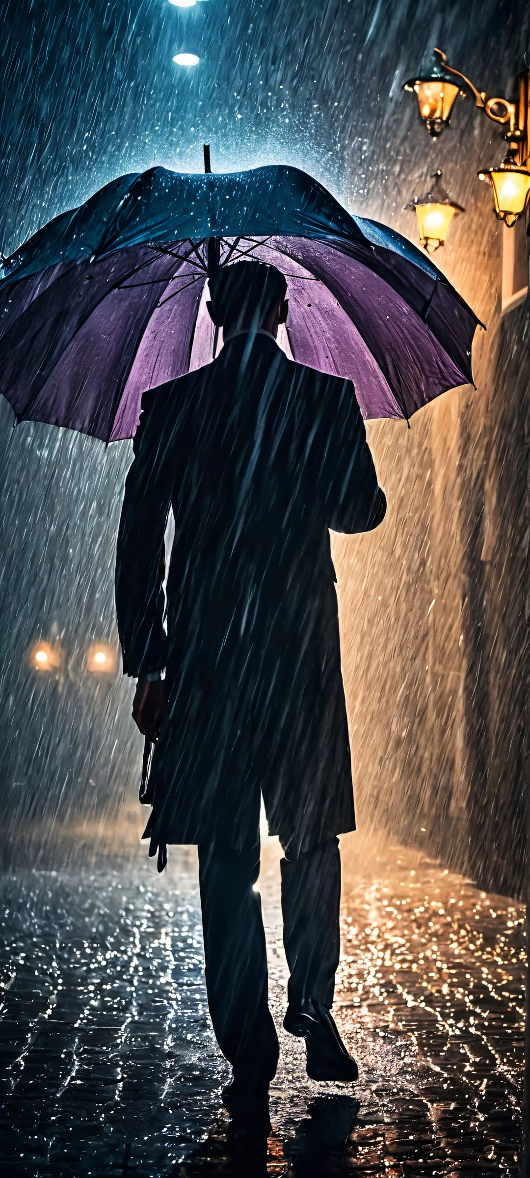 Man with umbrella stands strong against the cosmic light in a dark room, iPhone and Android compatible.