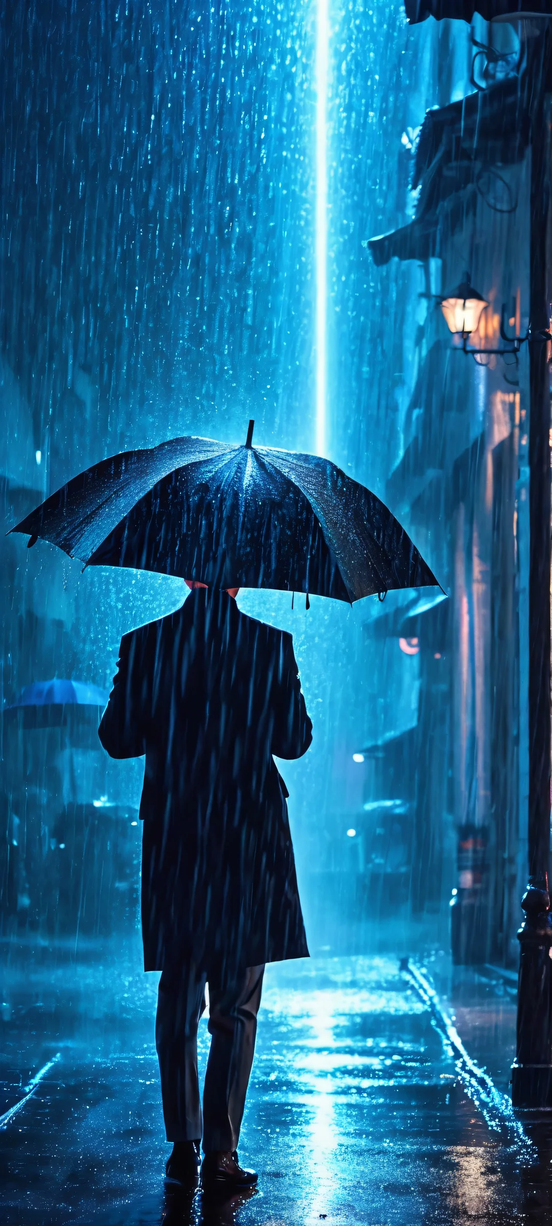 iPhone and Android users will marvel at the surreal scene of a man opening an umbrella on a starry night sky, surrounded by cosmic rainfall.