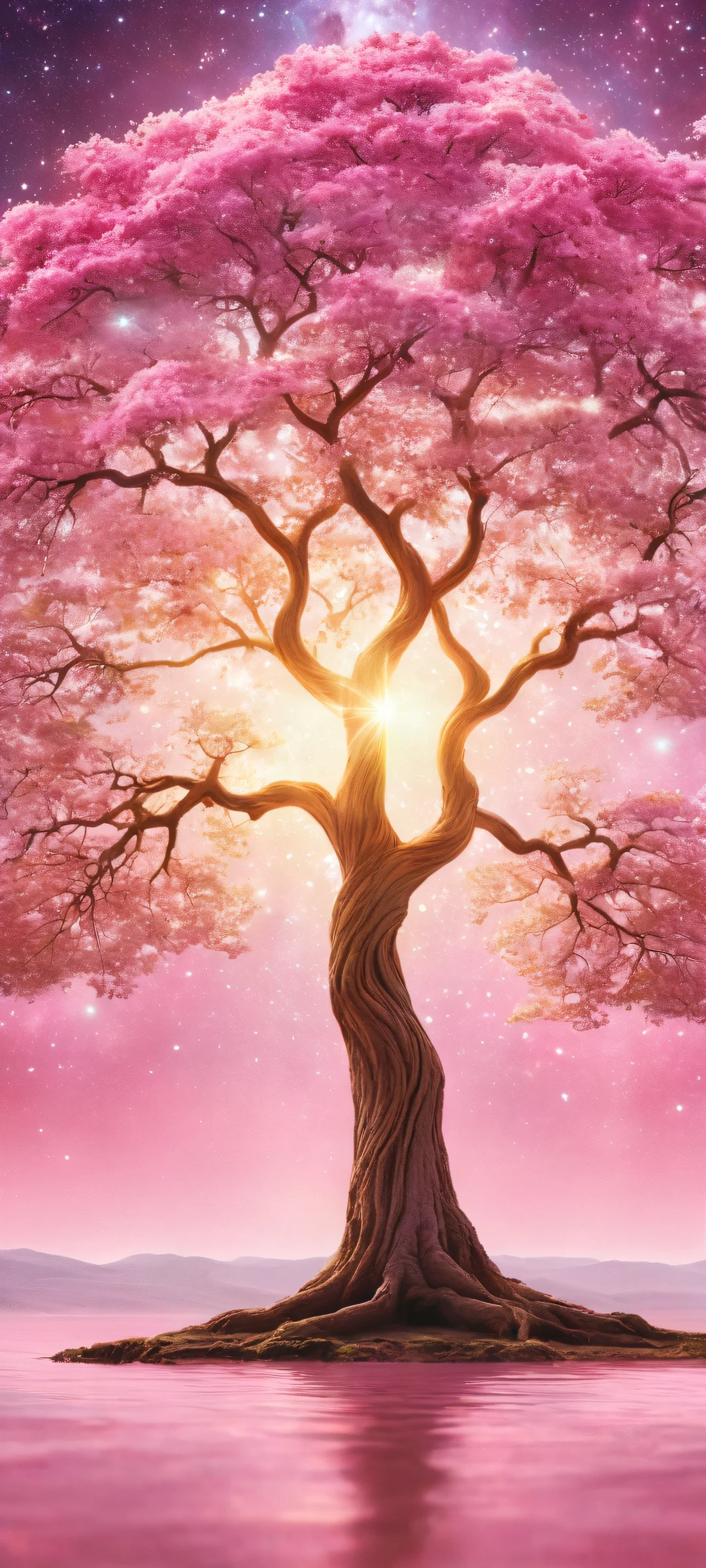 iPhone and Android wallpaper featuring a glowing tree of life set against a surreal space background with soft pink and golden hues.