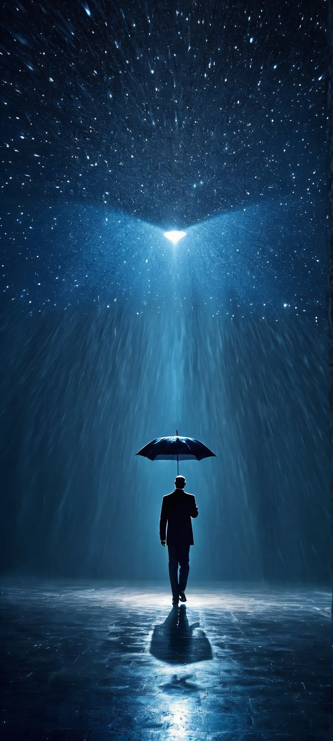 A man with an umbrella stands tall in a dark room filled with cosmic light and deep blues, perfect for iPhone or Android home screens.
