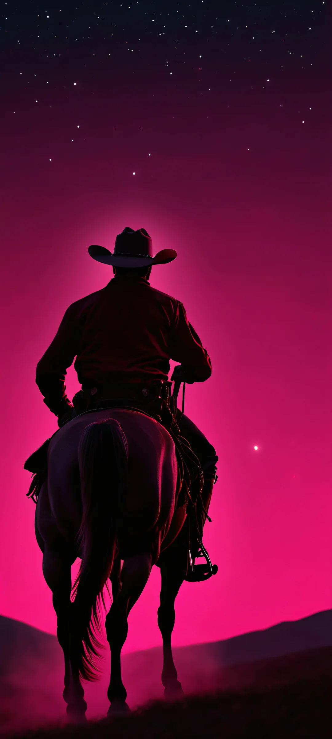 A dramatic cowboy scene at night on an iPhone/Android mobile phone background, featuring vibrant pink and red hues.